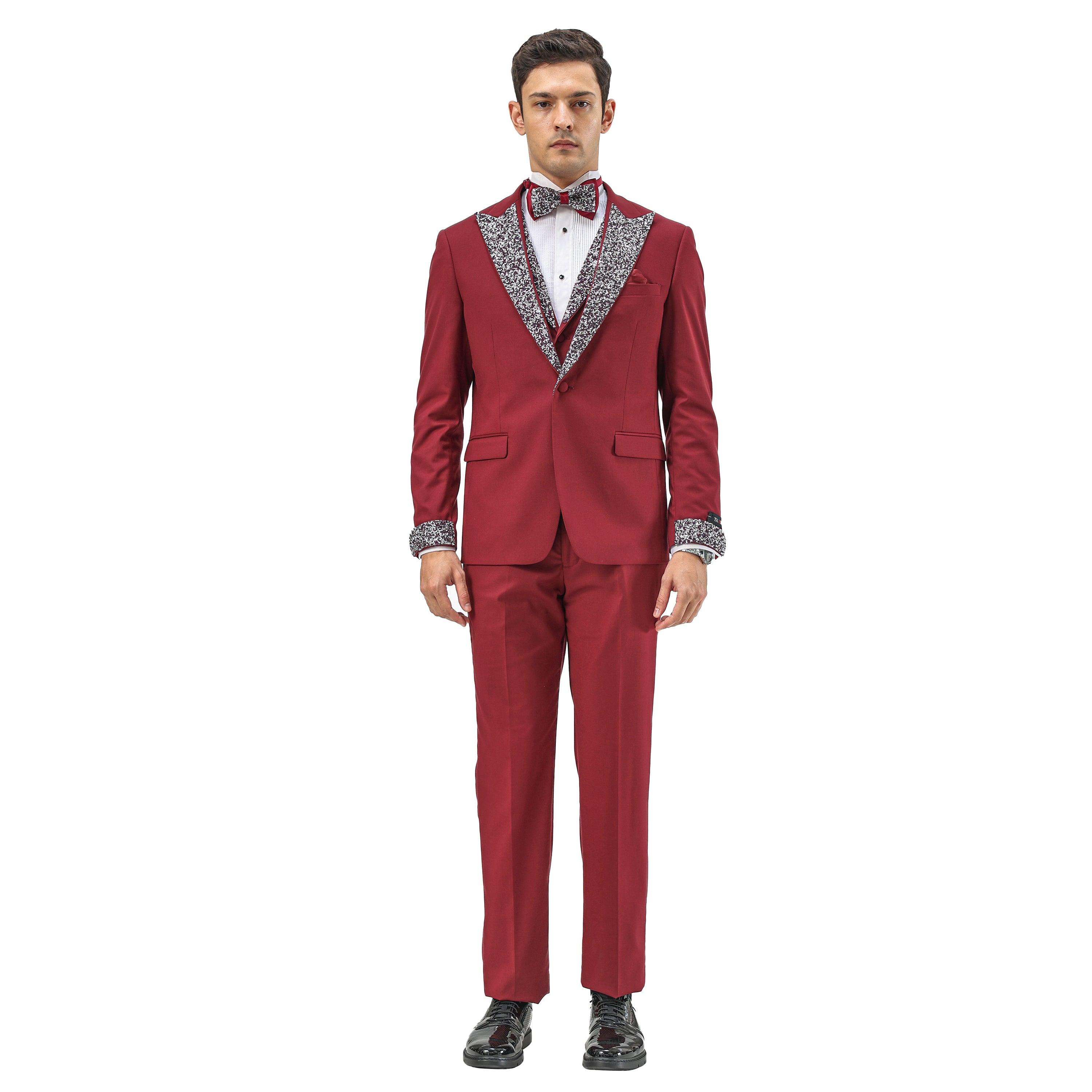 3 PC Solid Satin Rhinestone Peak Lapel Collared Vest Suit