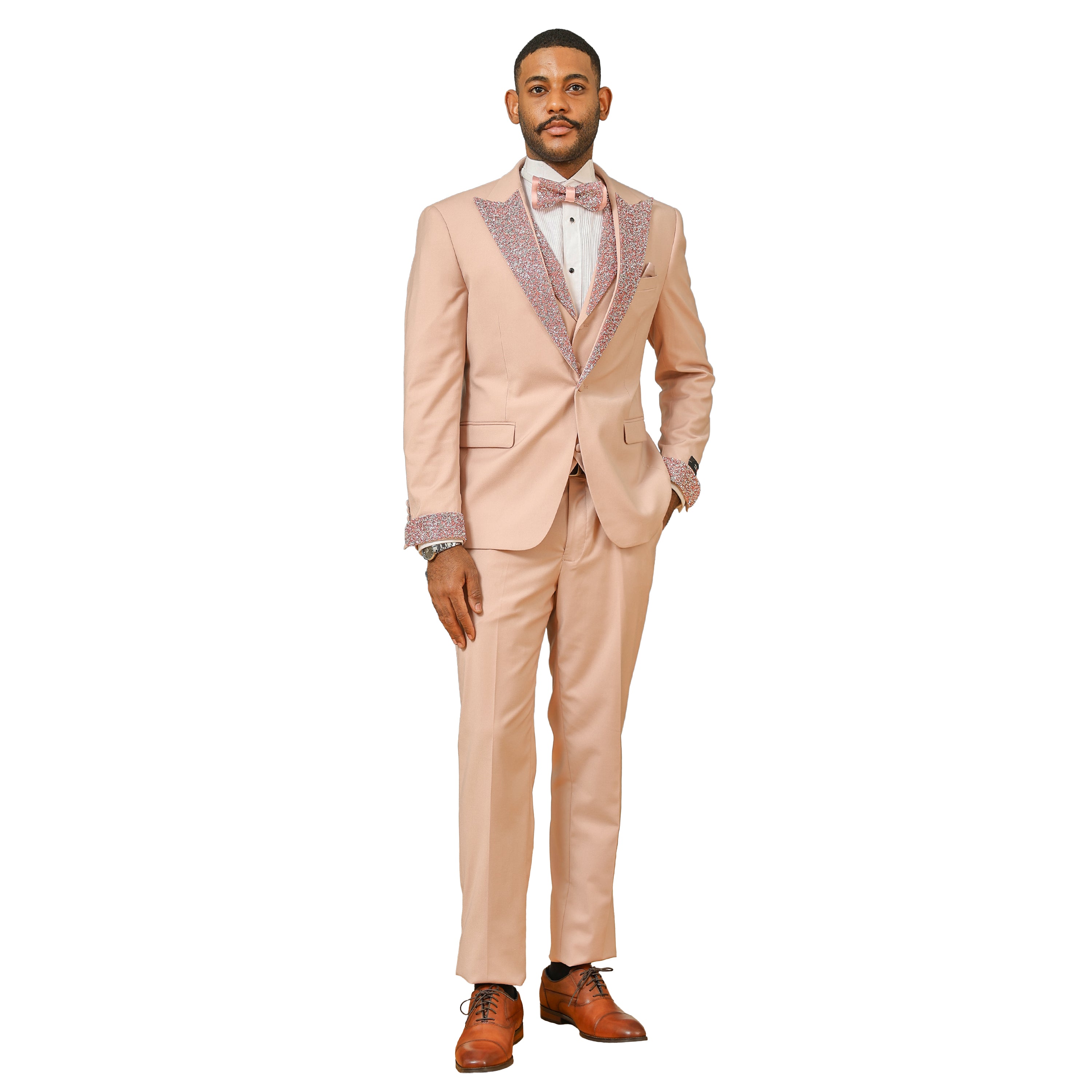 3 PC Solid Satin Rhinestone Peak Lapel Collared Vest Suit