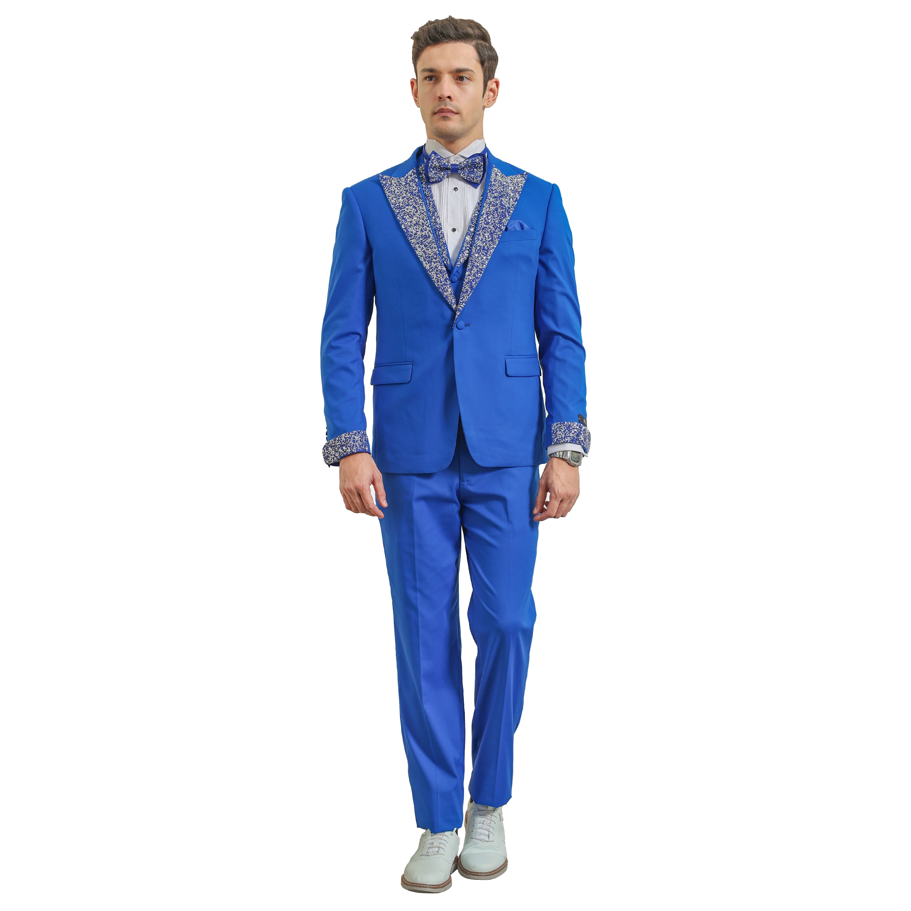 3 PC Solid Satin Rhinestone Peak Lapel Collared Vest Suit