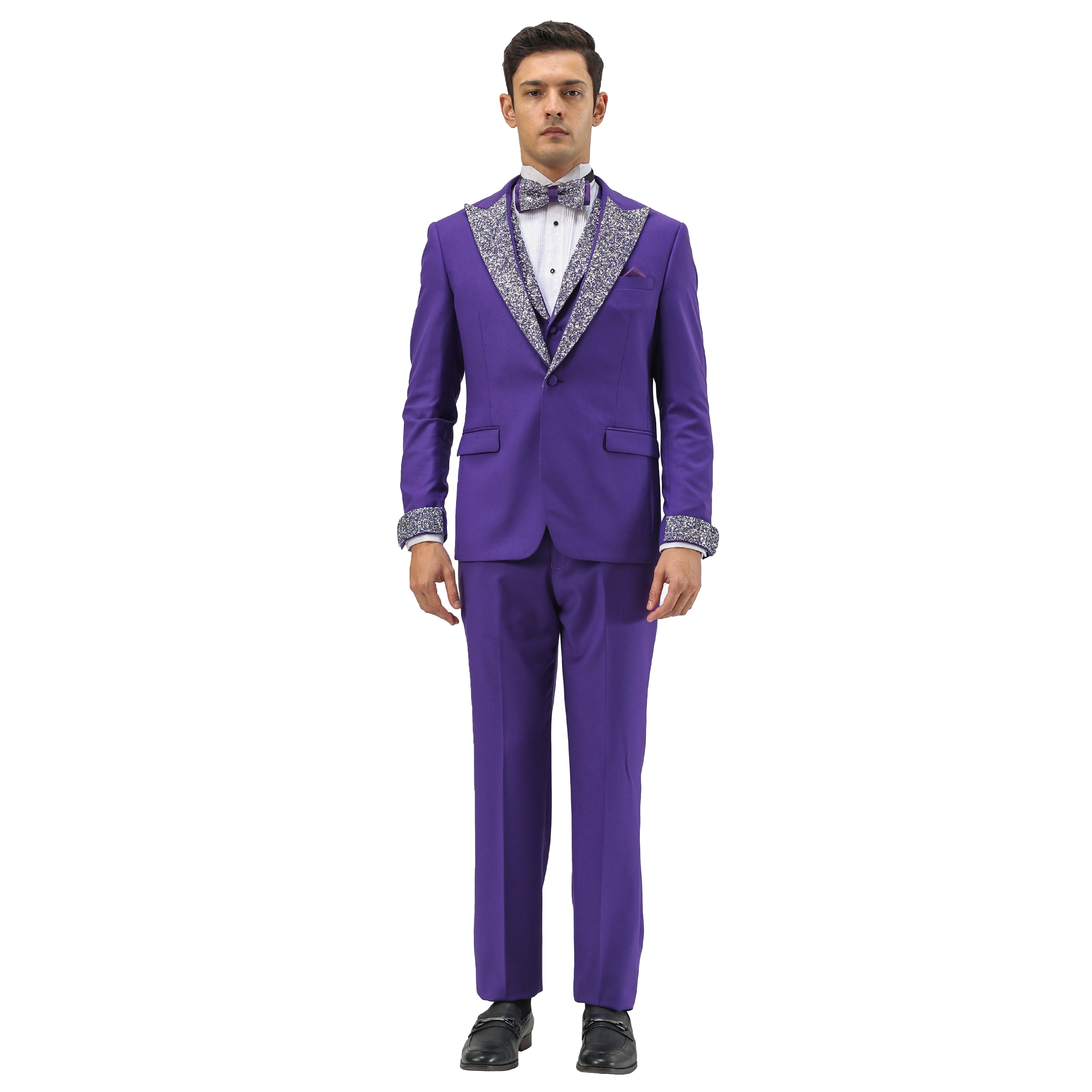 3 PC Solid Satin Rhinestone Peak Lapel Collared Vest Suit