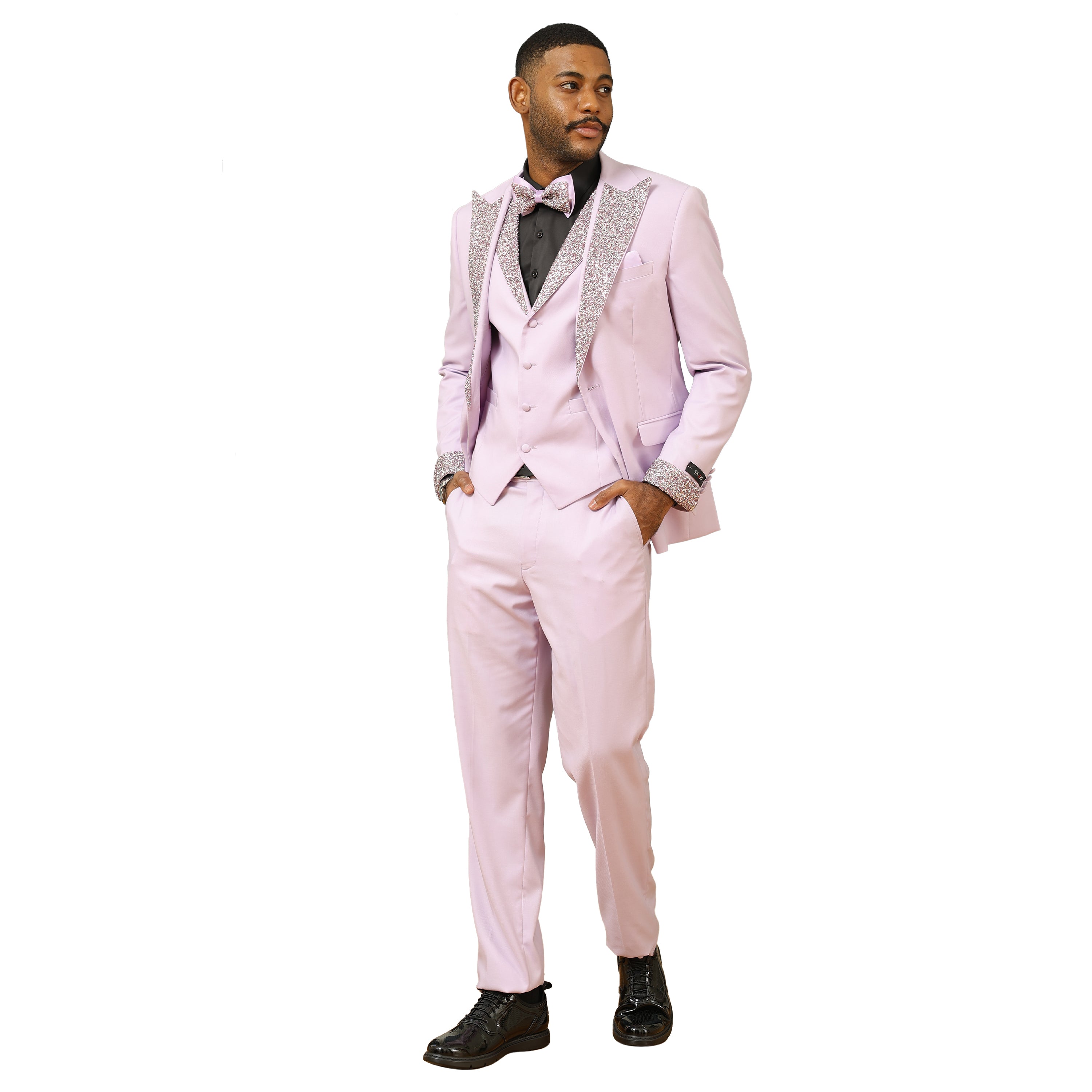3 PC Solid Satin Rhinestone Peak Lapel Collared Vest Suit