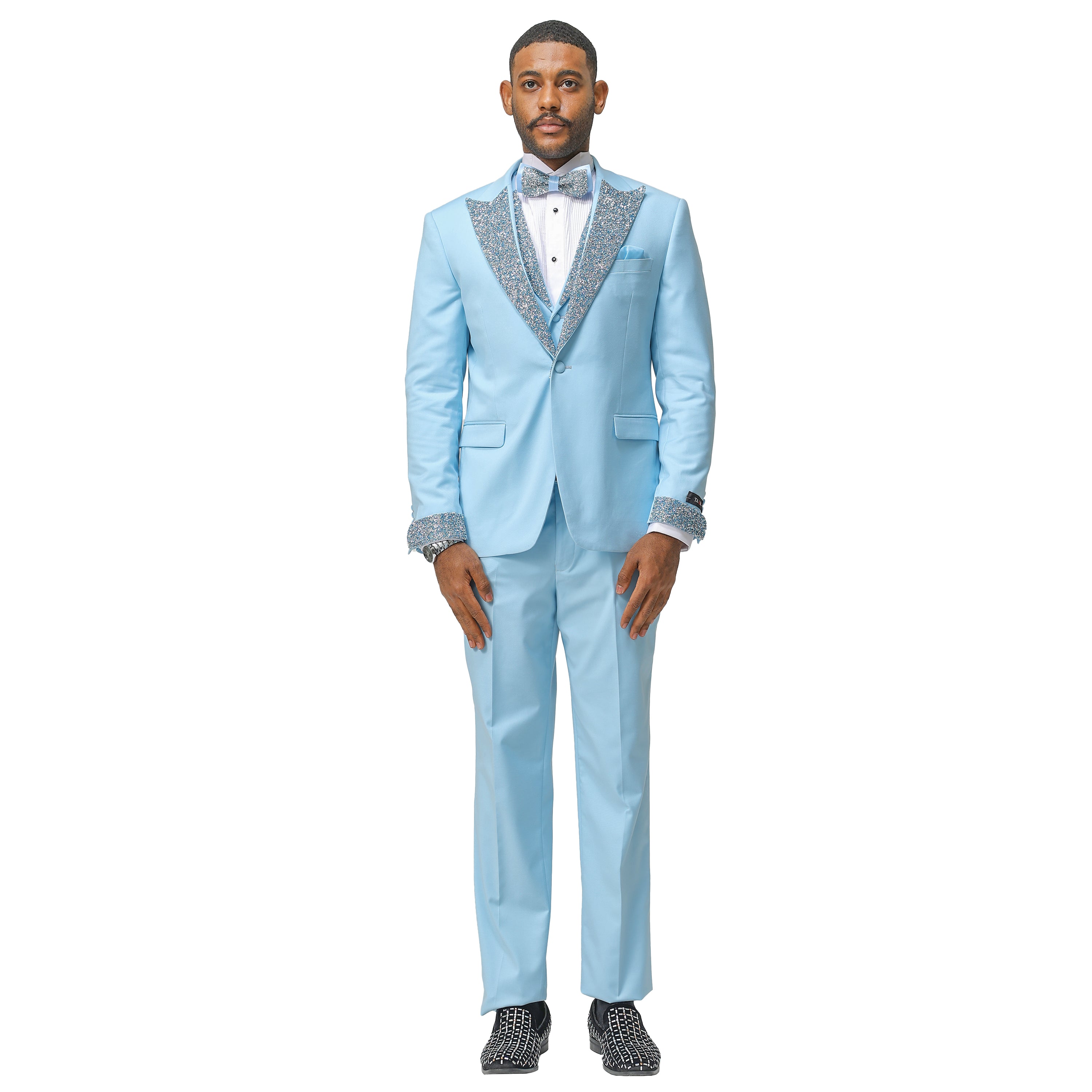 3 PC Solid Satin Rhinestone Peak Lapel Collared Vest Suit