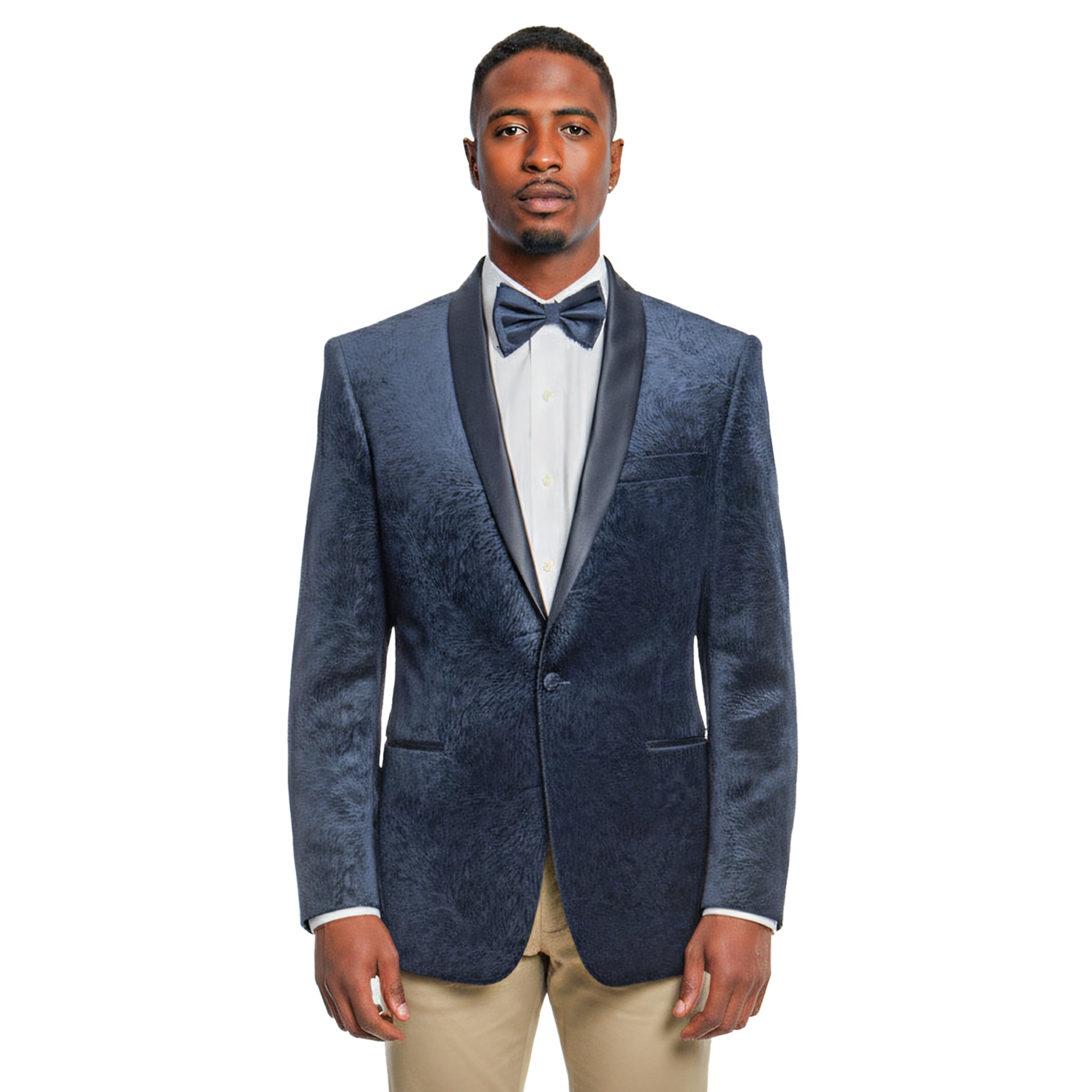 Empire™ Fuzzy Textured Velvet Dinner Jacket Modern-Fit, Satin Shawl Lapel, Navy