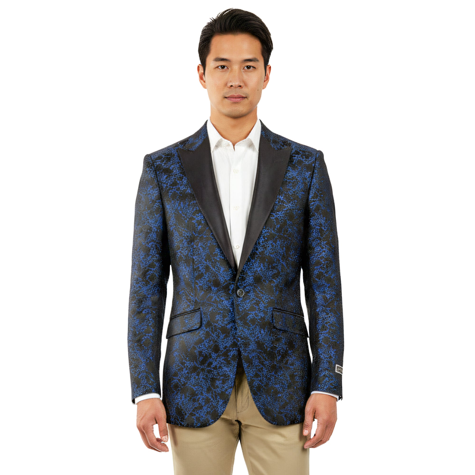Empire™ Cracked Ice Metallic Peak Lapel Hybrid Fit Blazer, Blue on Black