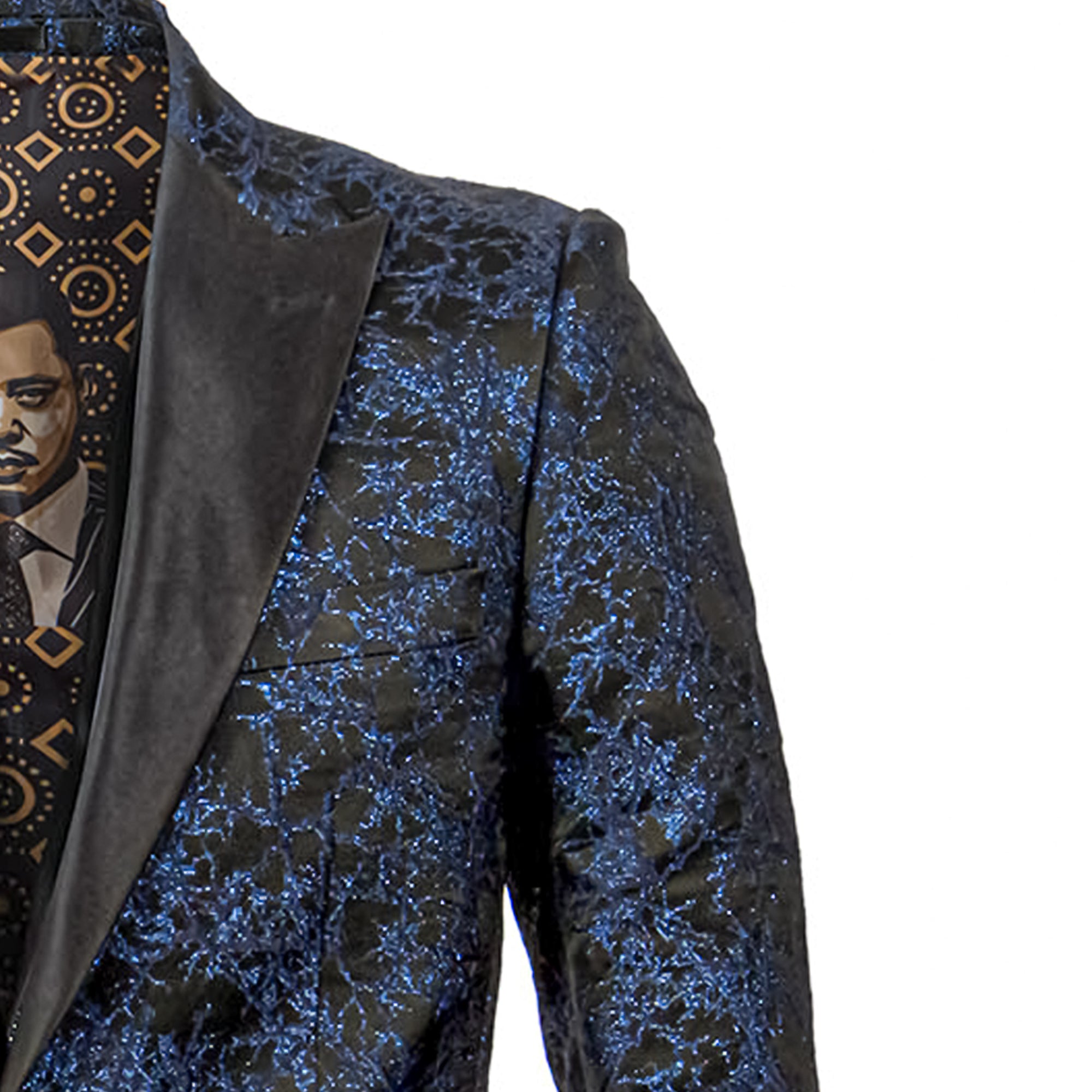 Empire™ Cracked Ice Metallic Peak Lapel Hybrid Fit Blazer, Blue on Black