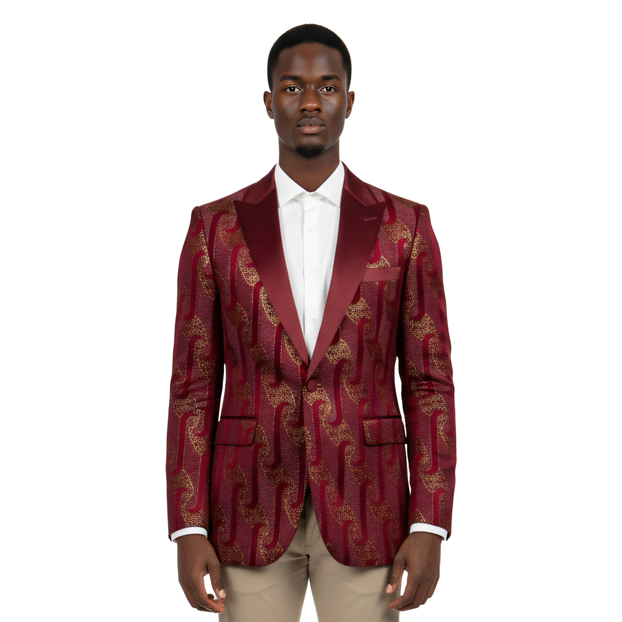 Empire™ Metallic Brocade Wave Modern-Fit Peak Lapel Blazer, Burgundy & Gold
