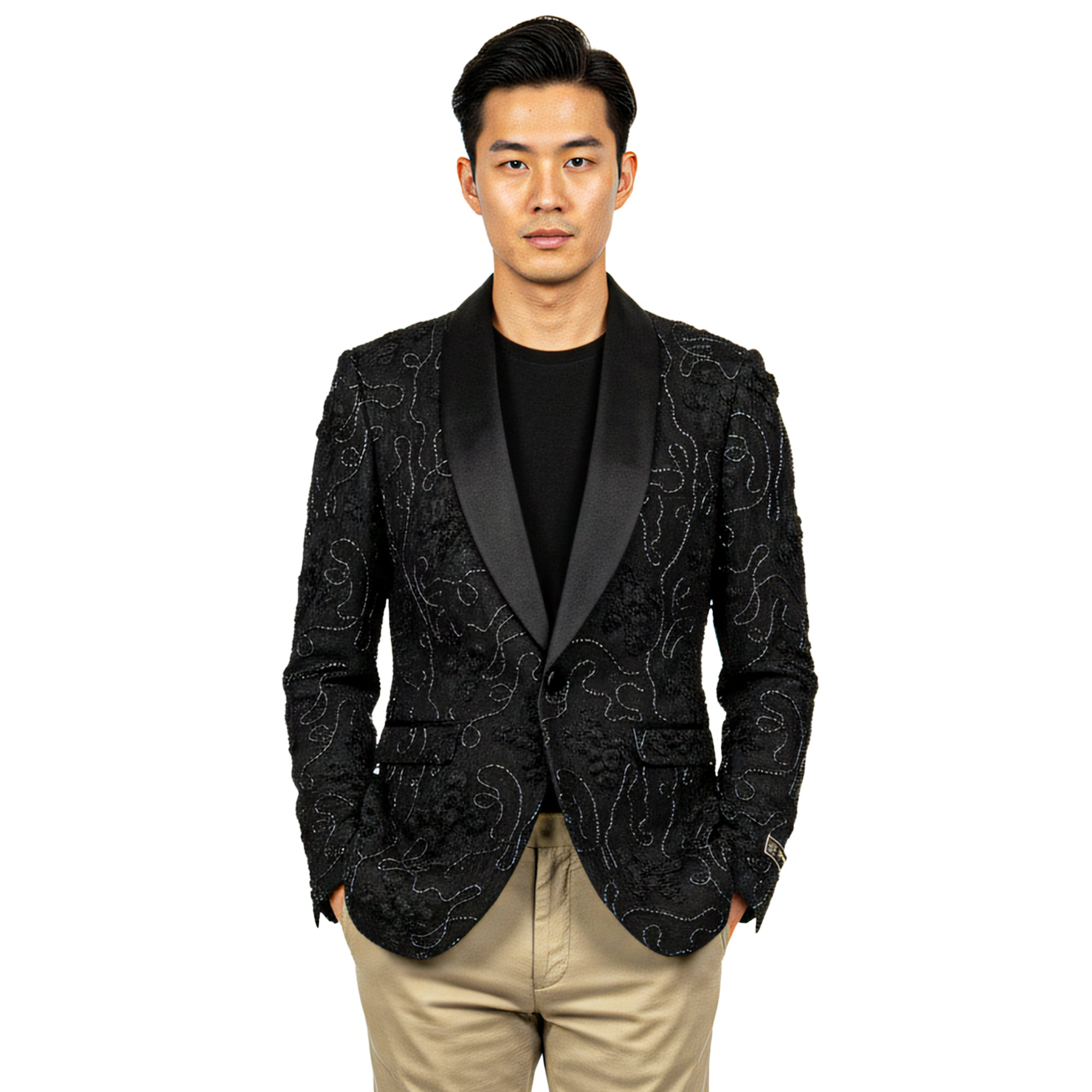 Empire™ Embroidered Floral Shawl Lapel Modern Blazer, Black w/ Bead Detailing