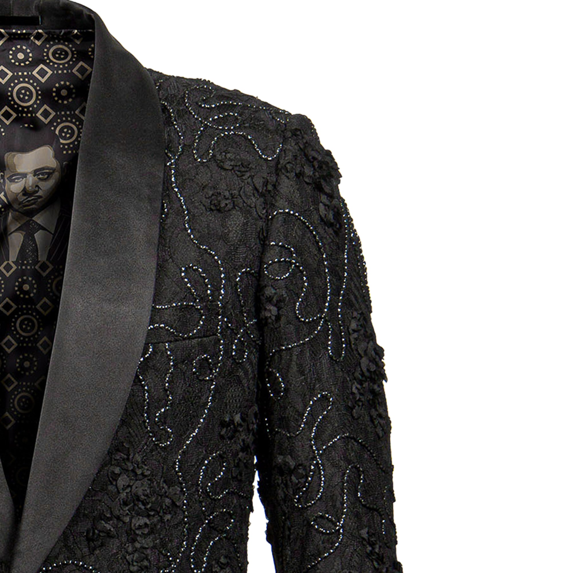 Empire™ Embroidered Floral Shawl Lapel Modern Blazer, Black w/ Bead Detailing