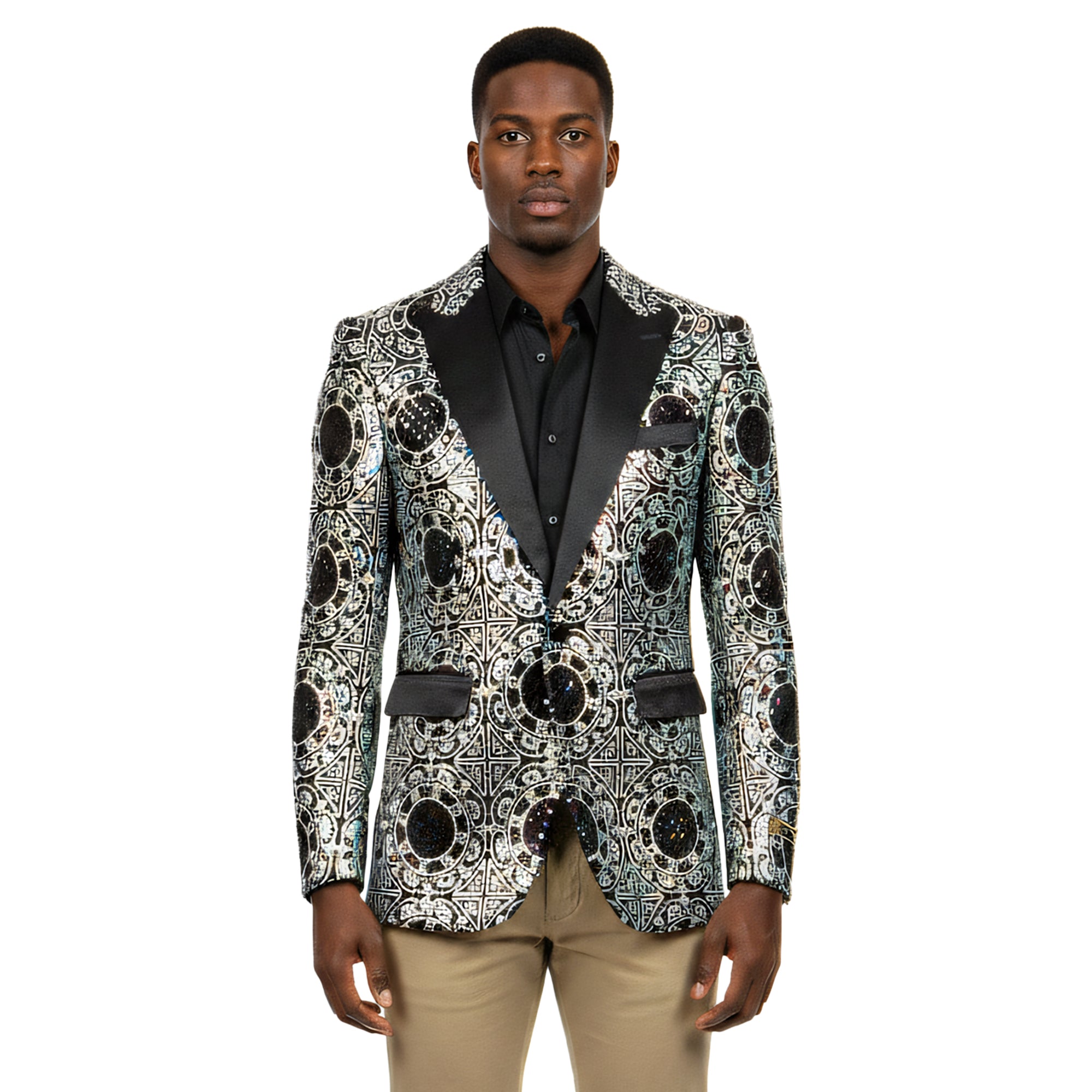 Empire™ Pearlescent Sequin Blazer Geometric Peak Lapel Hybrid-Fit, Silver