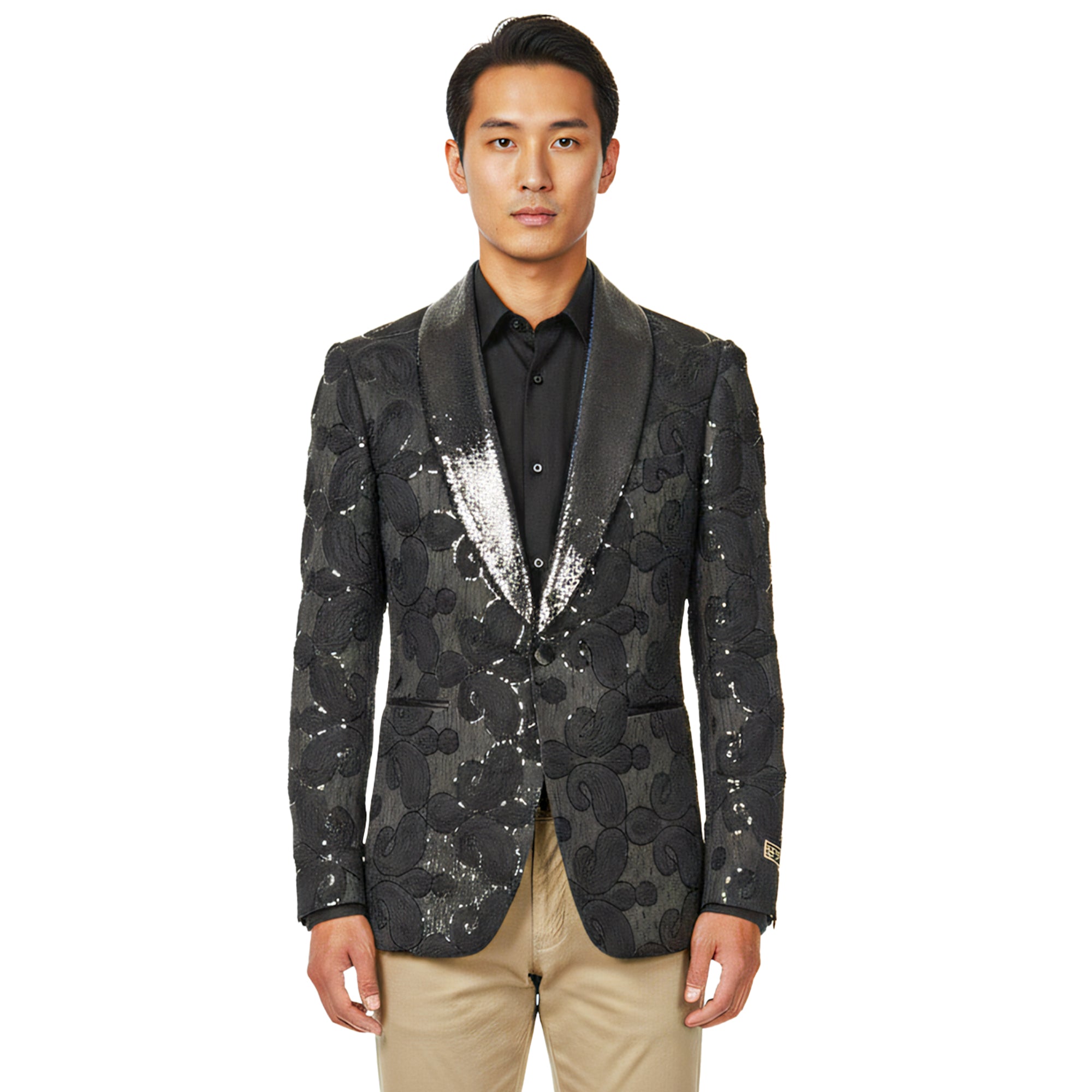 Empire™ Textured Big Floral Shawl Lapel Hybrid Fit Blazer, Black