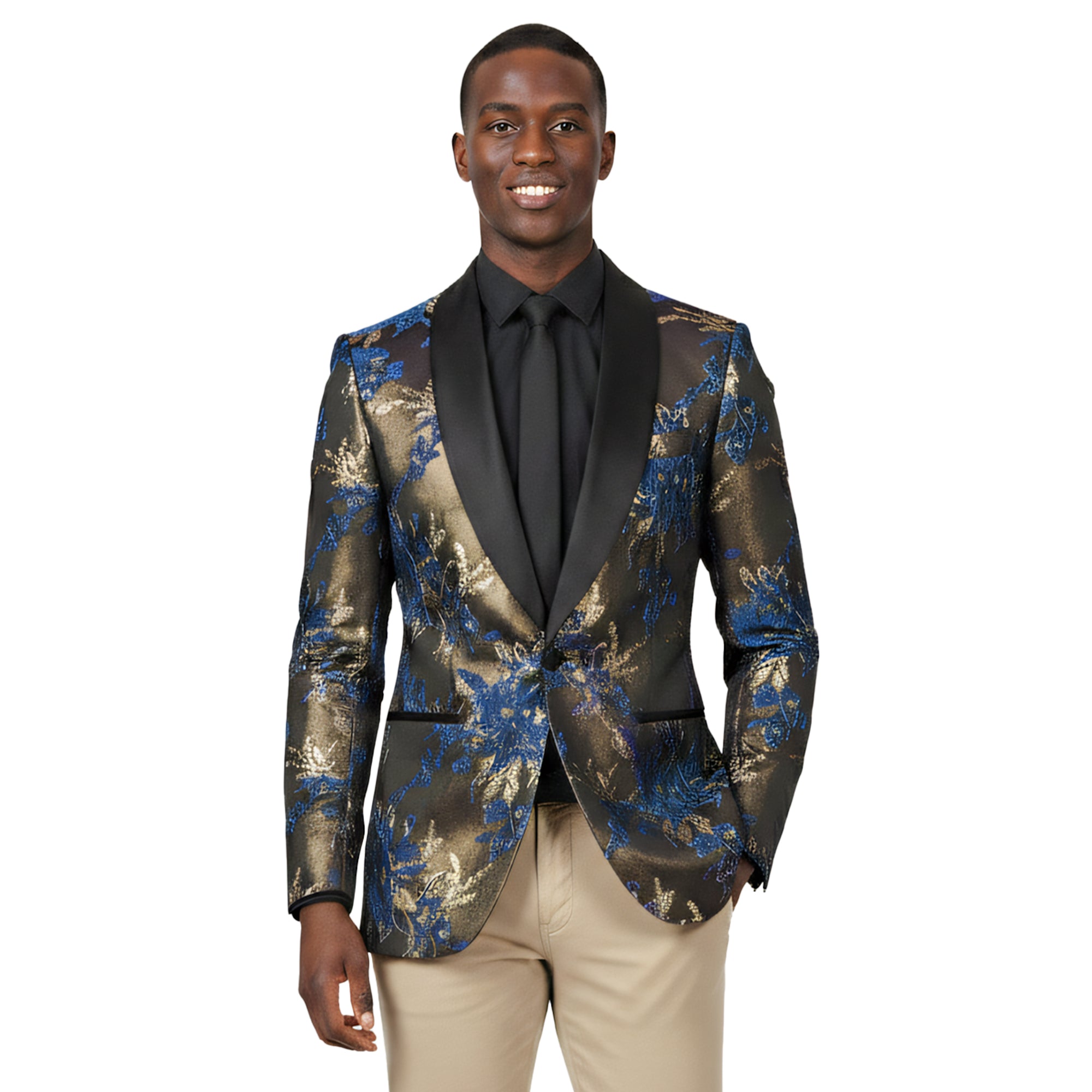 Empire™ Series Mens Blazer Hybrid-Fit Floral, Shawl Collar, Blue and Gold