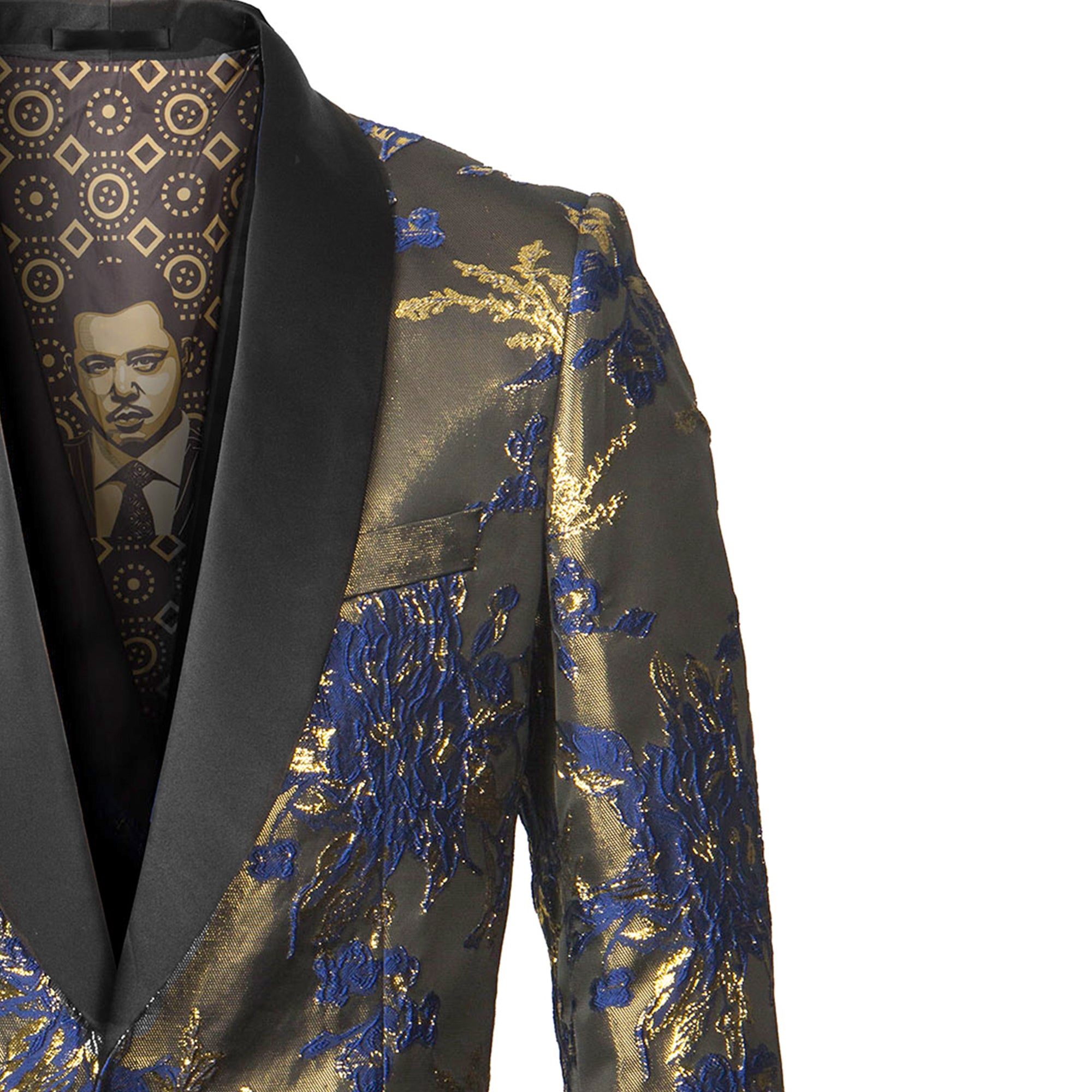 Empire™ Series Mens Blazer Hybrid-Fit Floral, Shawl Collar, Blue and Gold