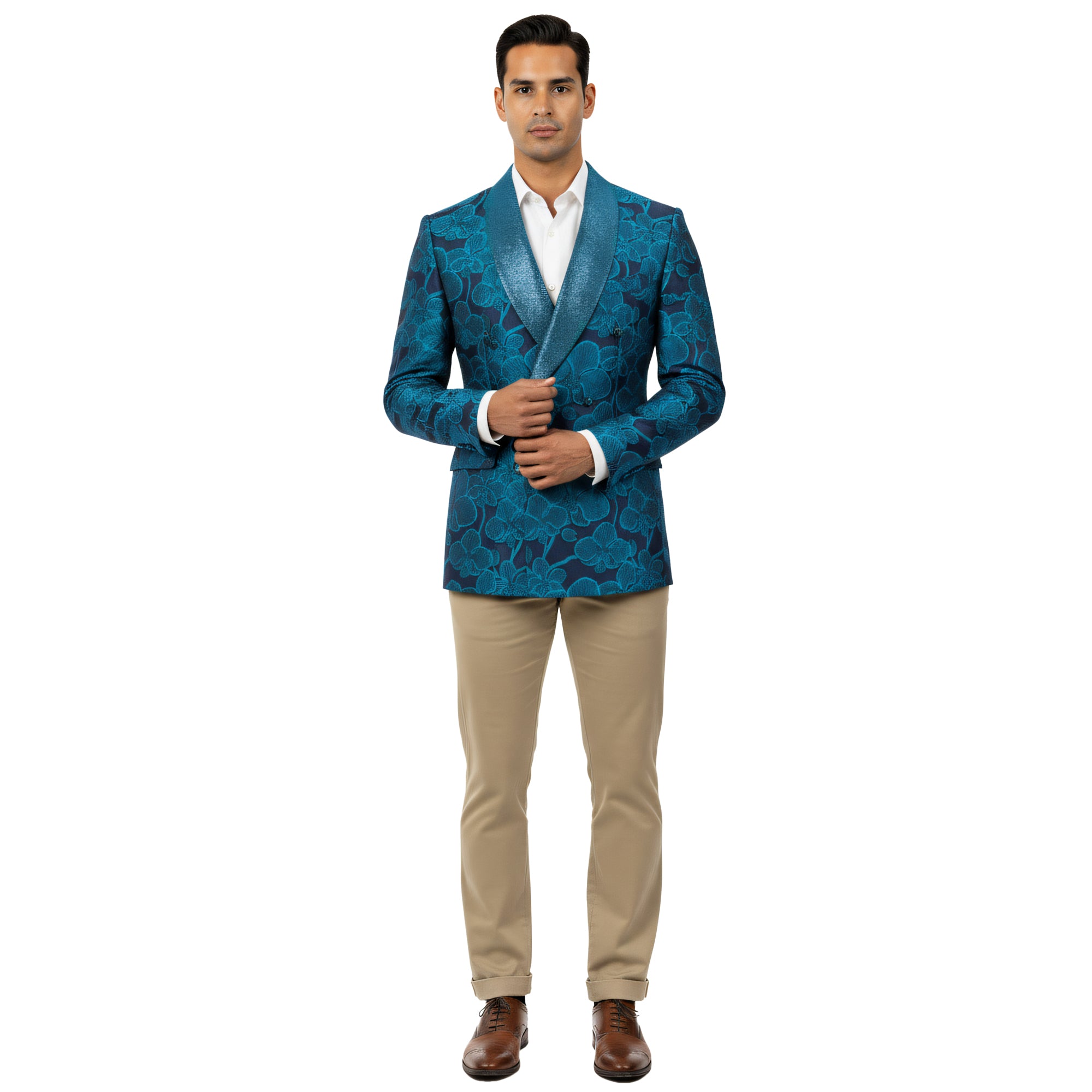 Empire™ Textured Floral Shawl Lapel Hybrid Fit Double-Breasted Blazer,