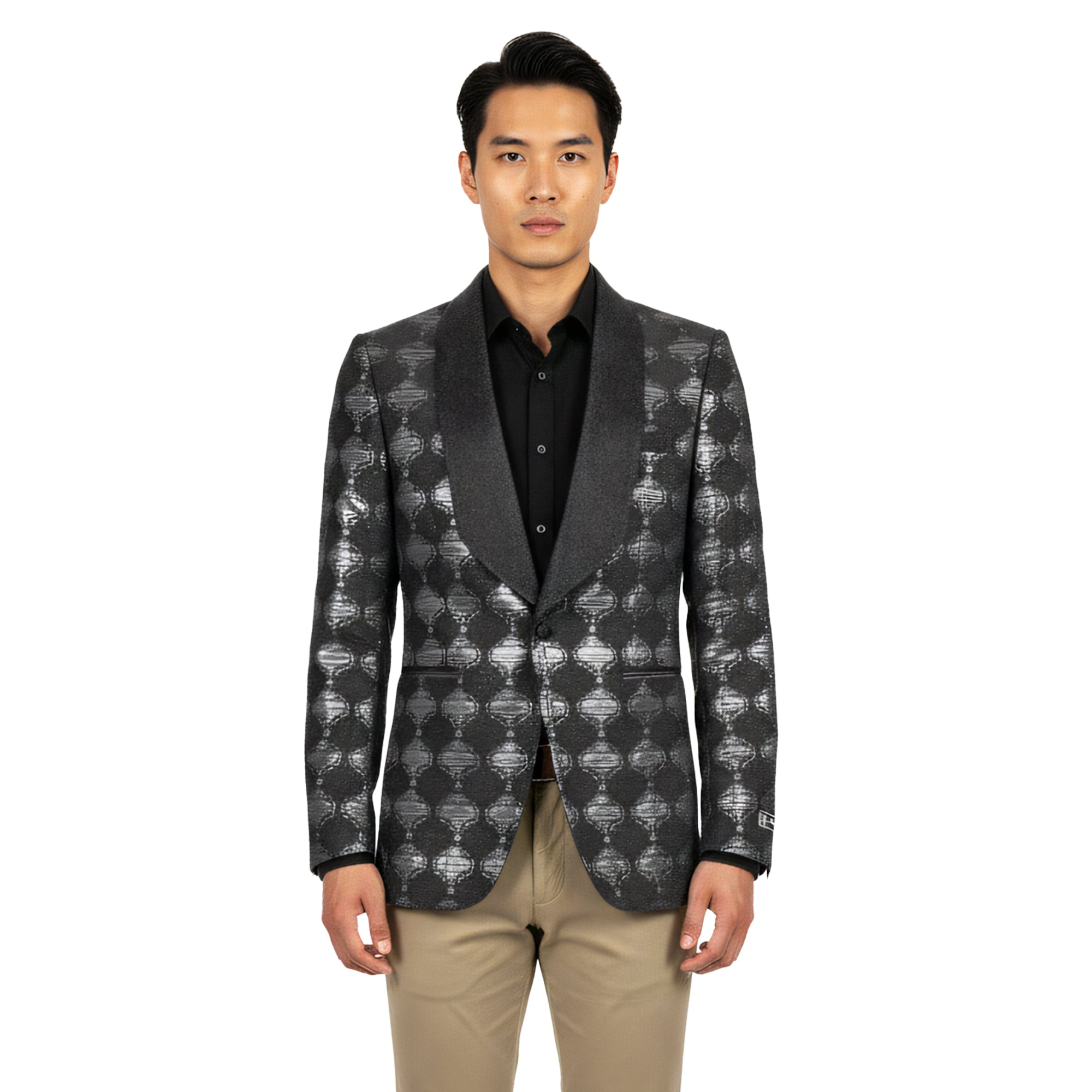 Empire™ Metallic Charcoal Geometric Shawl Lapel Hybrid Fit Blazer, Cha