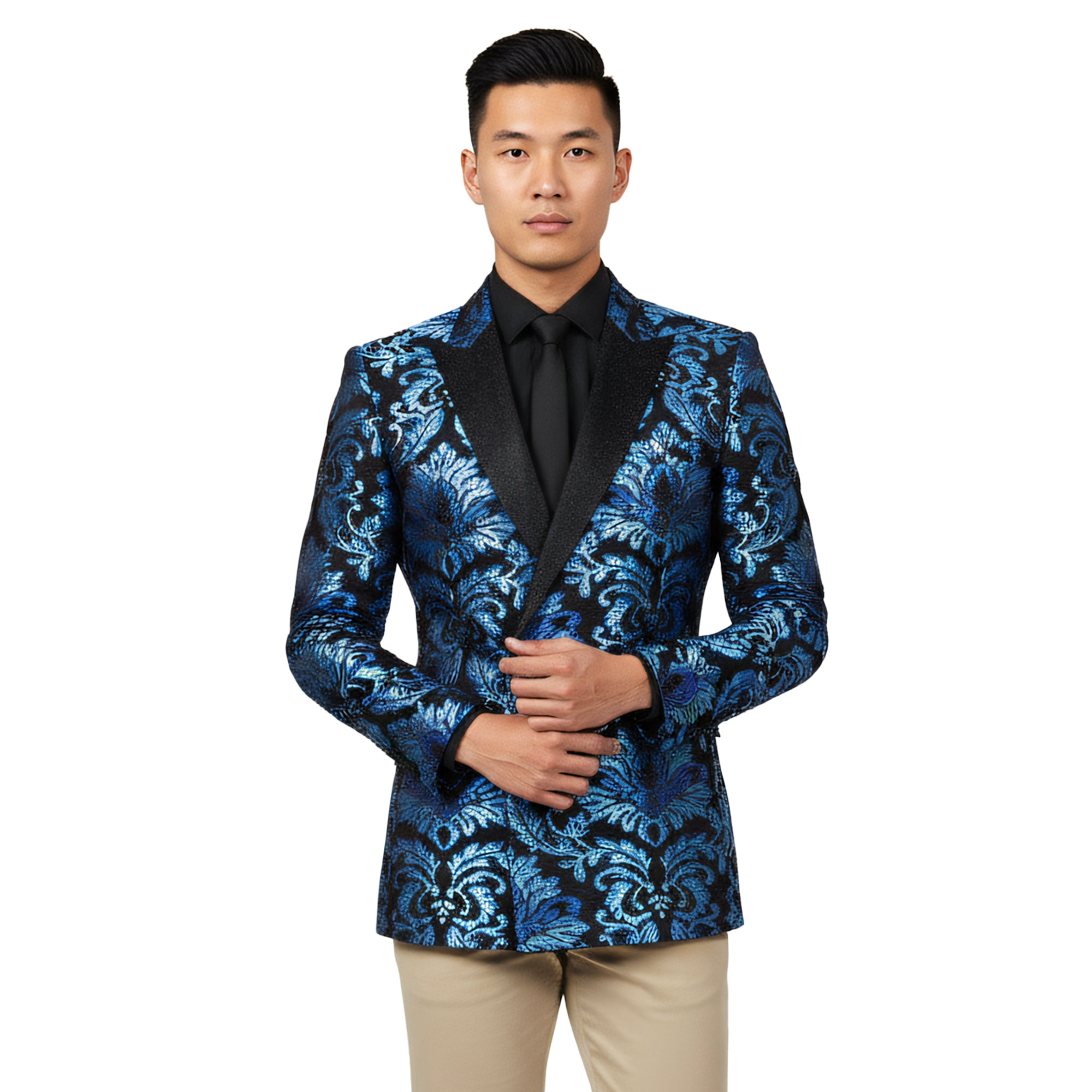Empire™ Metallic Blue Floral Double-Breasted Hybrid Fit Blazer, Black