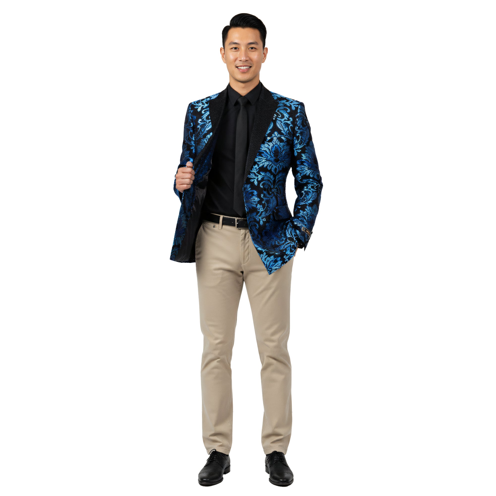 Empire™ Metallic Blue Floral Double-Breasted Hybrid Fit Blazer, Black