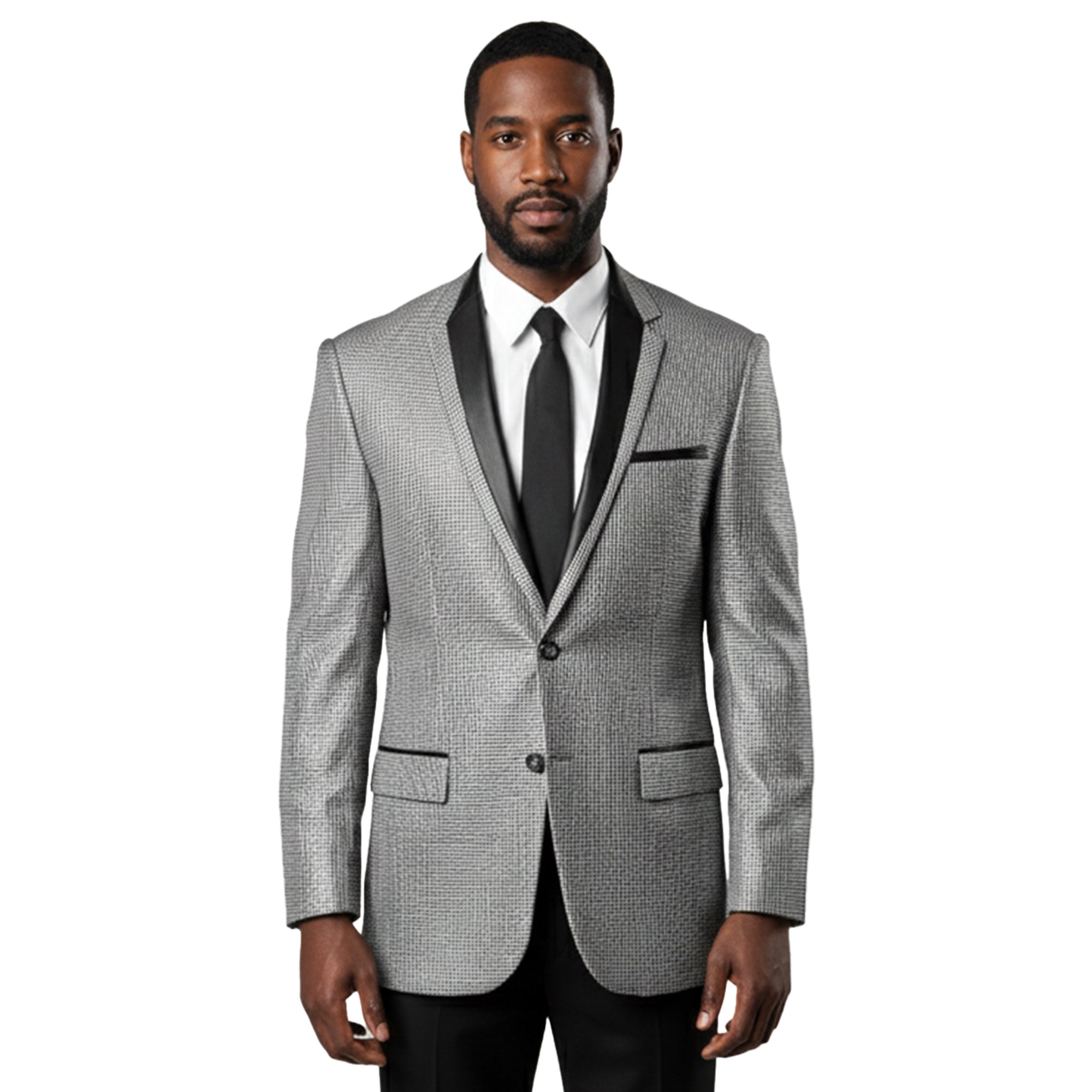 Tazzio Men’s Satin Trim Micro Houndstooth Blazer Only, Silver