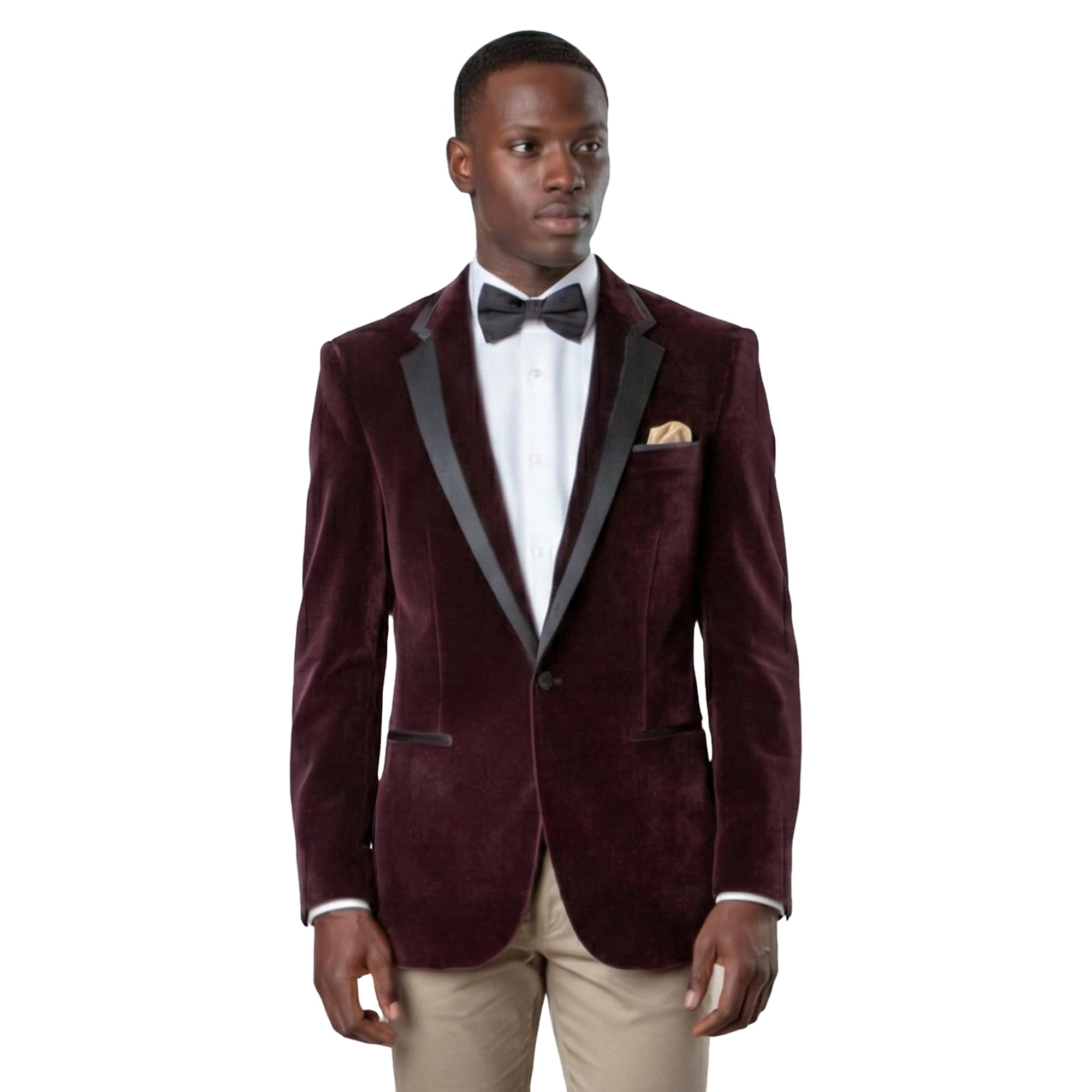 Men’s Slim Fit Velvet Shawl Lapel Tuxedo Jacket with Matching Velvet Bowtie, Dark Wine