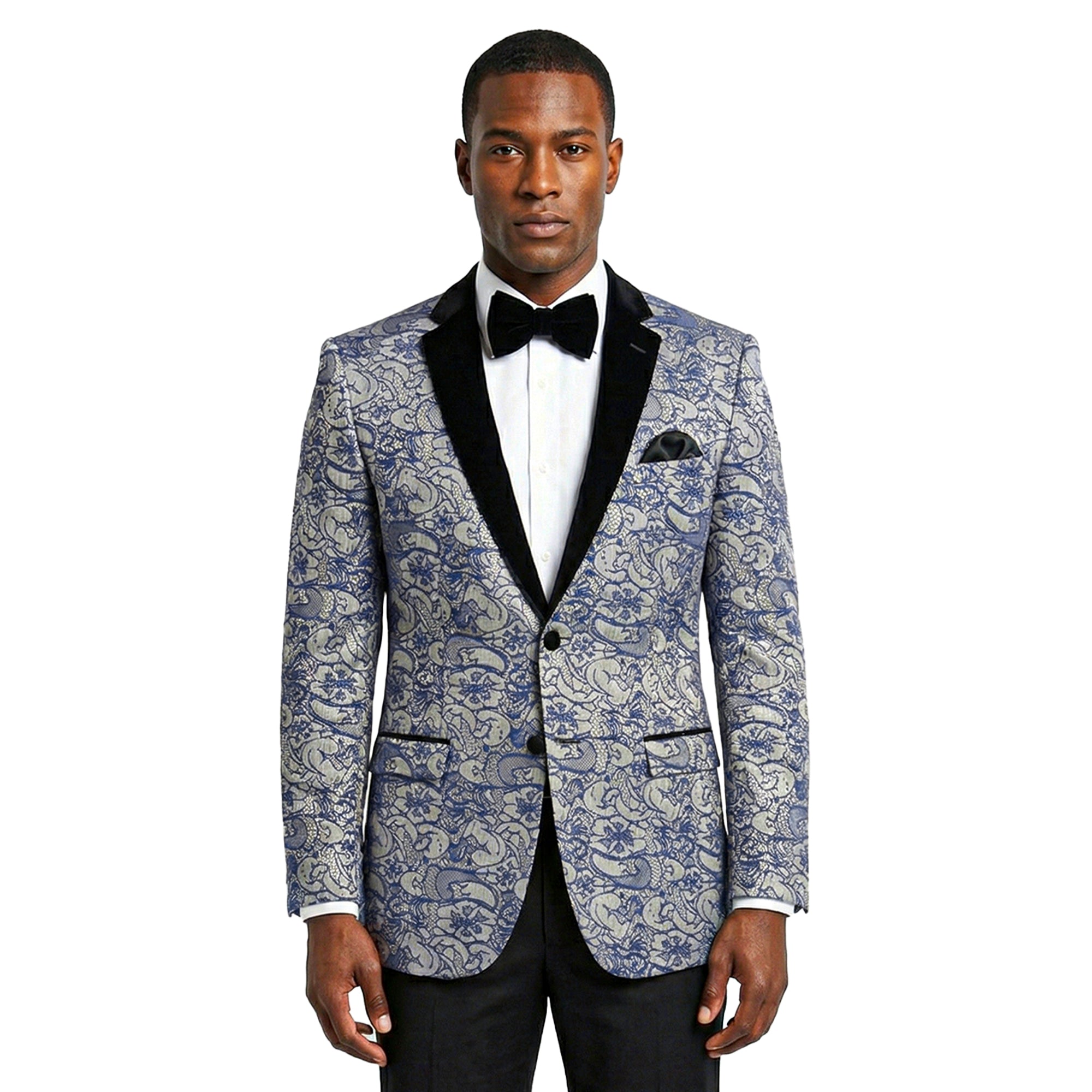 Men's Jacket Paisley With Velvet Notch Lapel Lapel Blazer, Blue