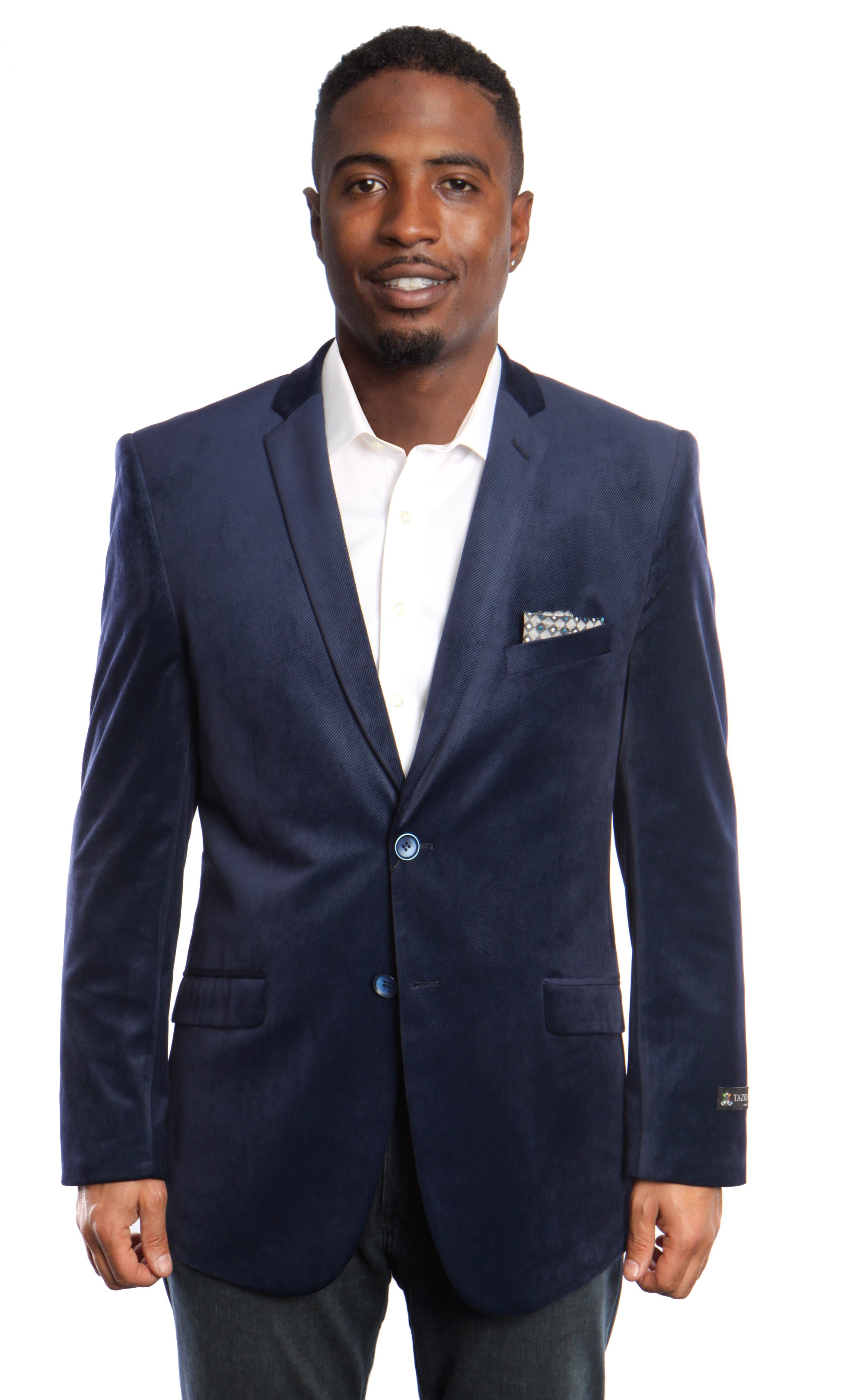 Man wearing a navy blazer with a white shirt on a white background