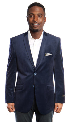 Man wearing a navy blazer with a white shirt on a white background