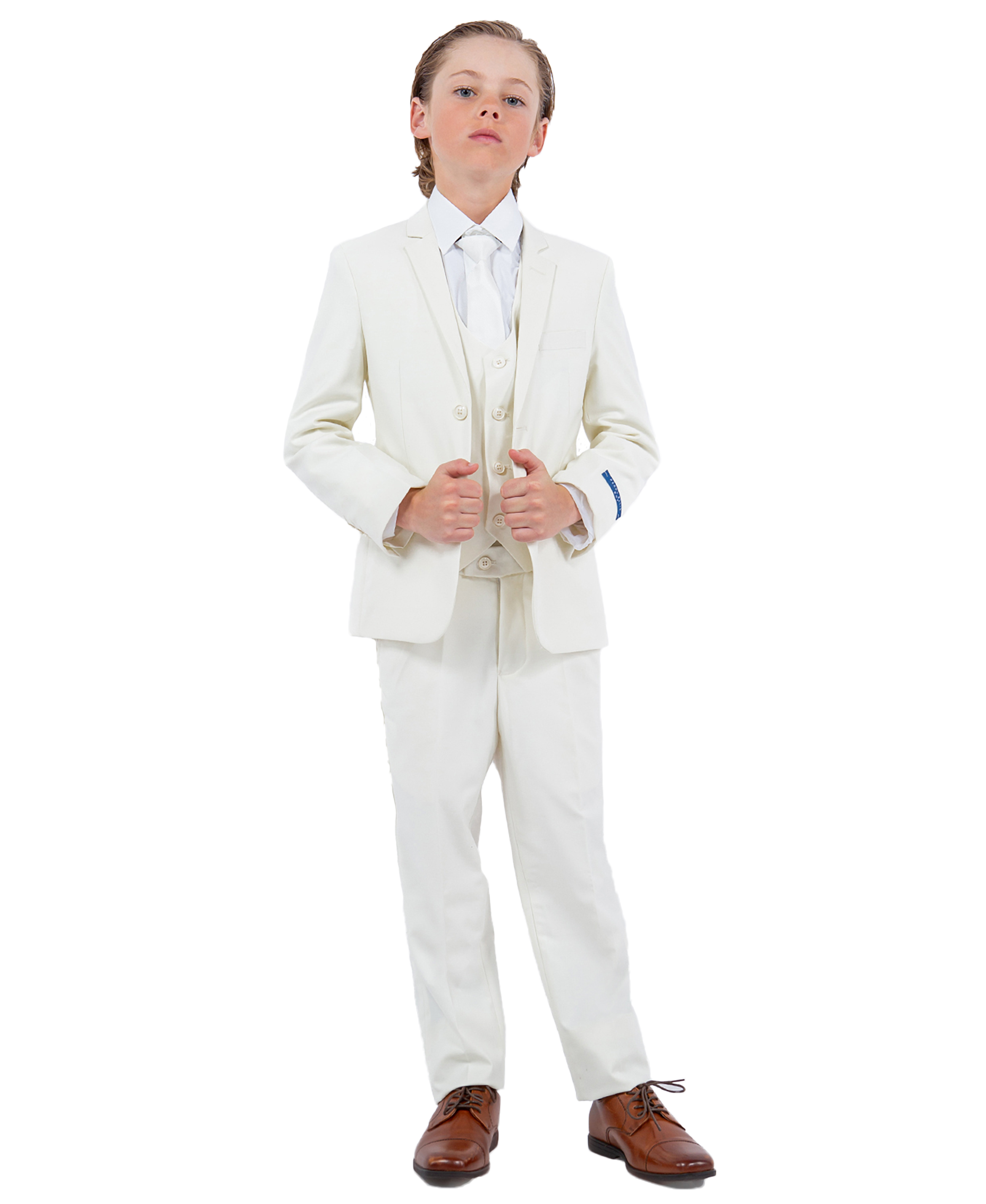 Perry Ellis Slim Fit Boys Suit 5-Piece Set (Sizes 2-20), Off-White