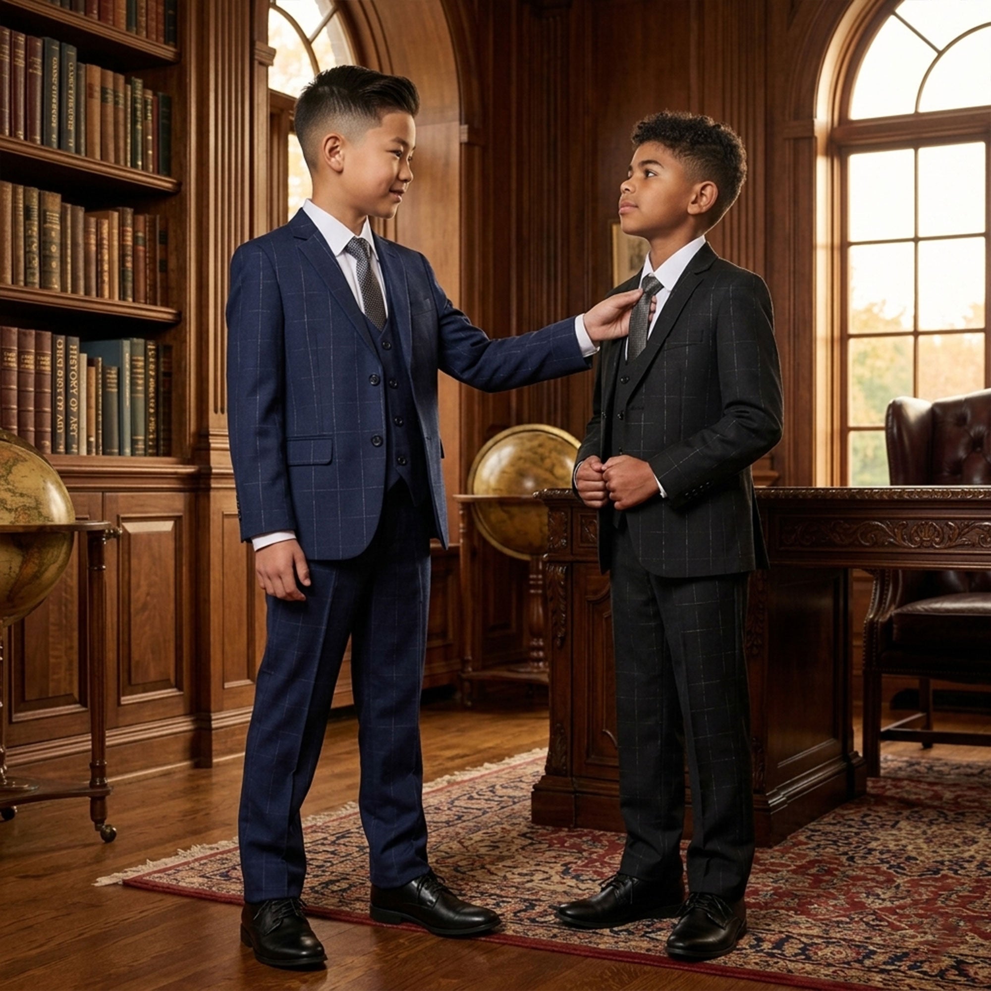 Perry Ellis Boys' Modern Fit 5-Piece Windowpane Suit Set – Notch Lapel – Formal Occasion