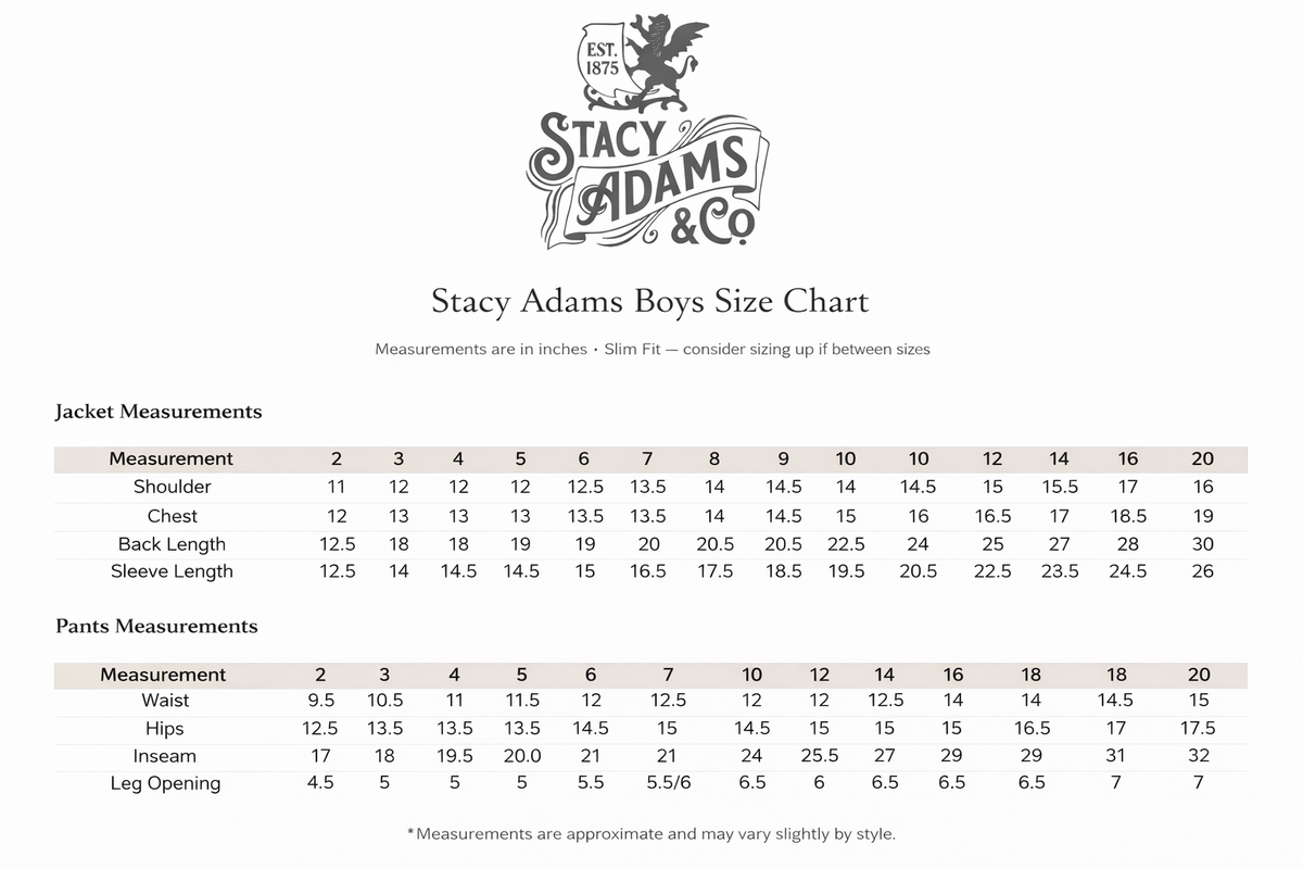 Size chart for Stacy Adams