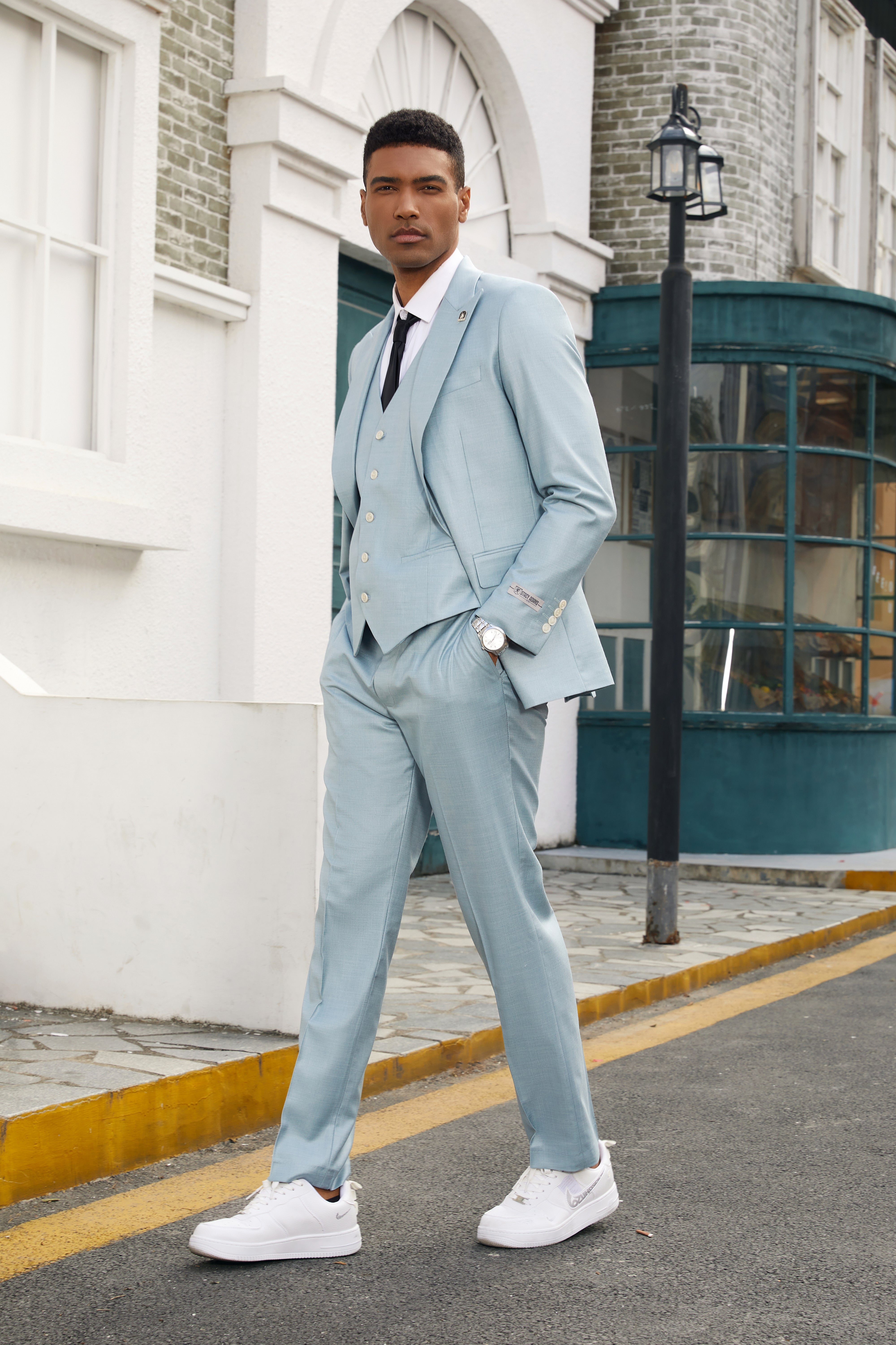 Traje de 3 piezas Stacy Adams Hybrid Fit, color turquesa claro sólido