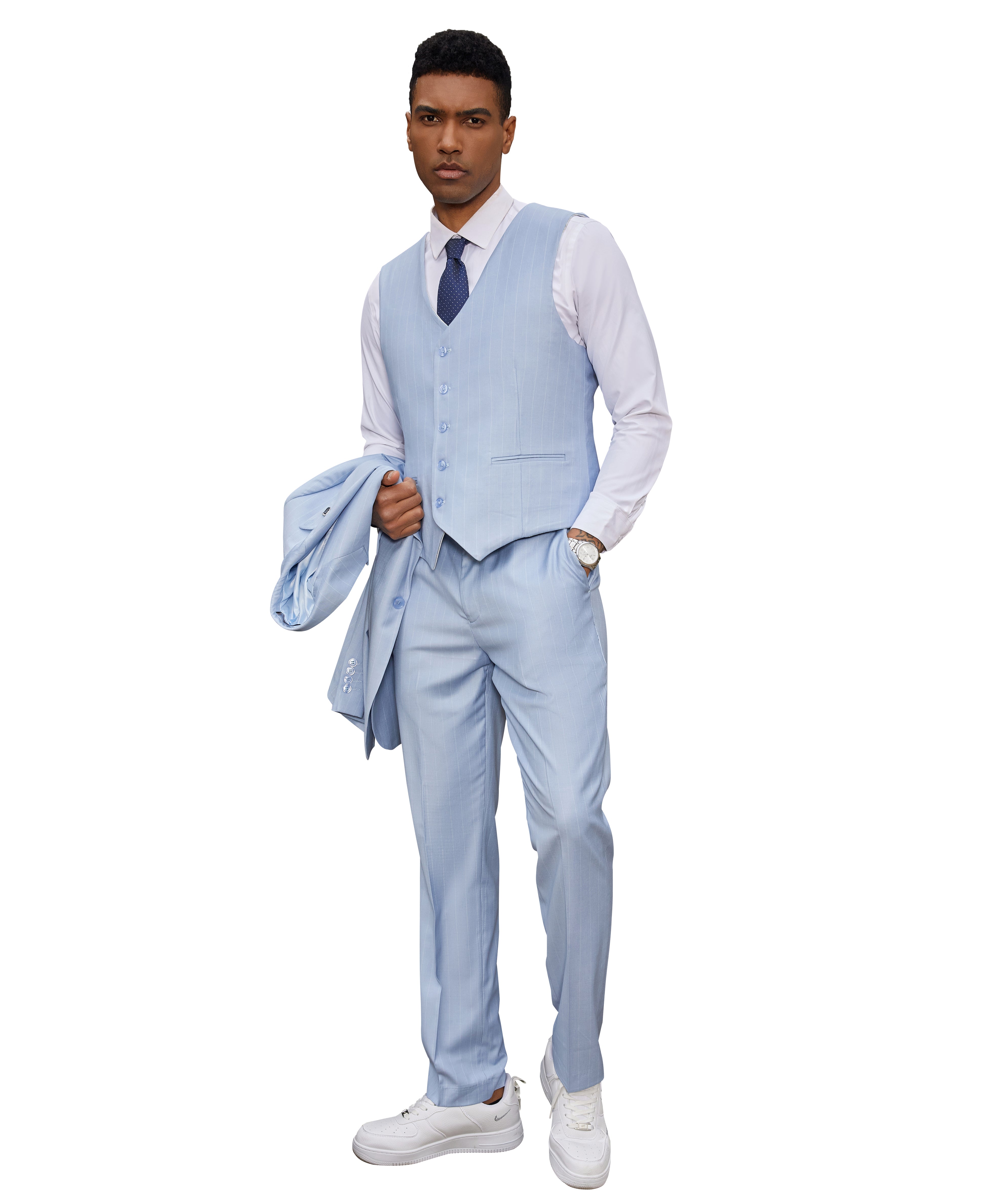 Stacy Adams Hybrid-Fit Vested Suit, Light Blue Pinstriped