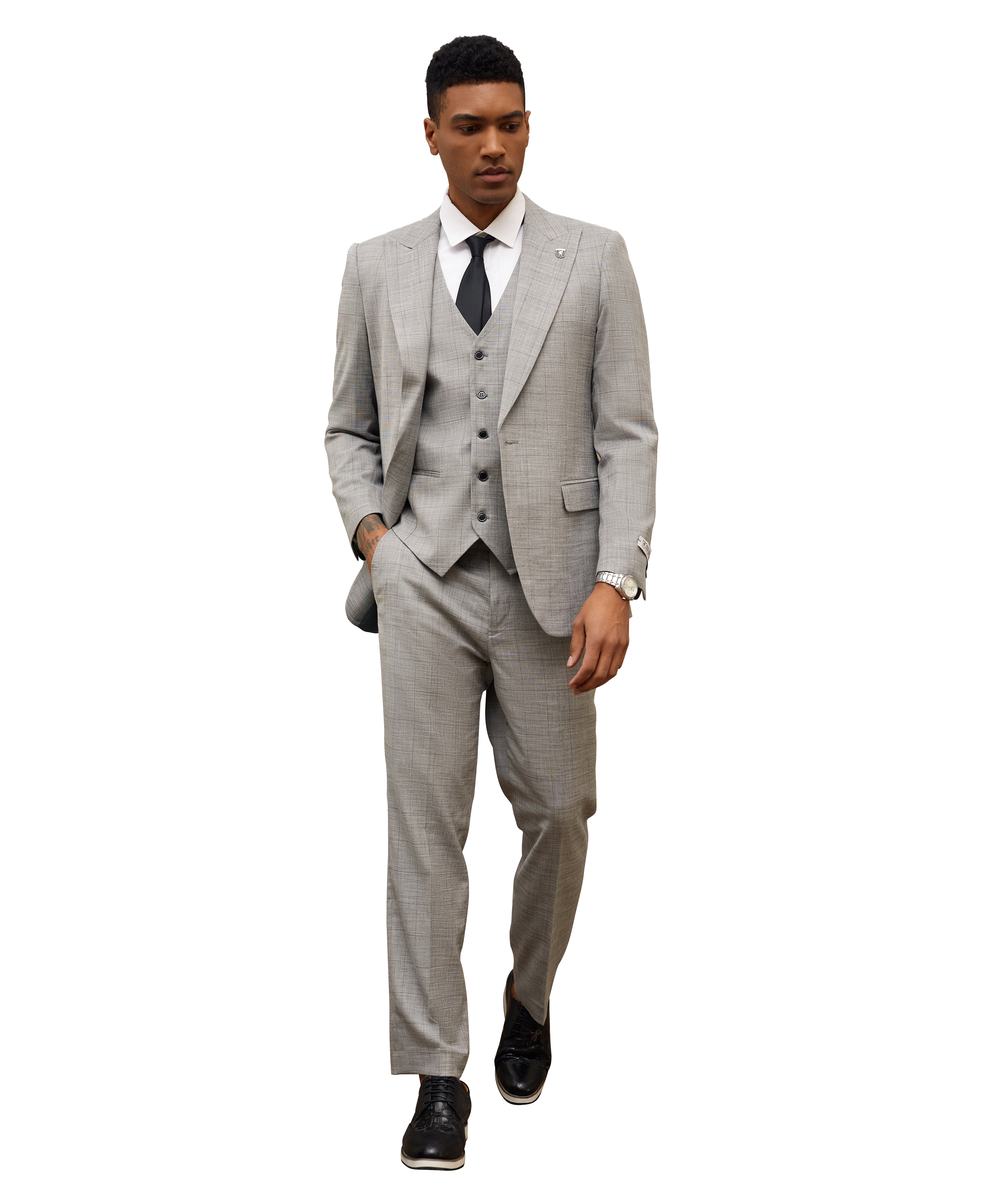 Stacy Adams Hybrid-Fit Vested Suit, Light Grey Textured Windowpane