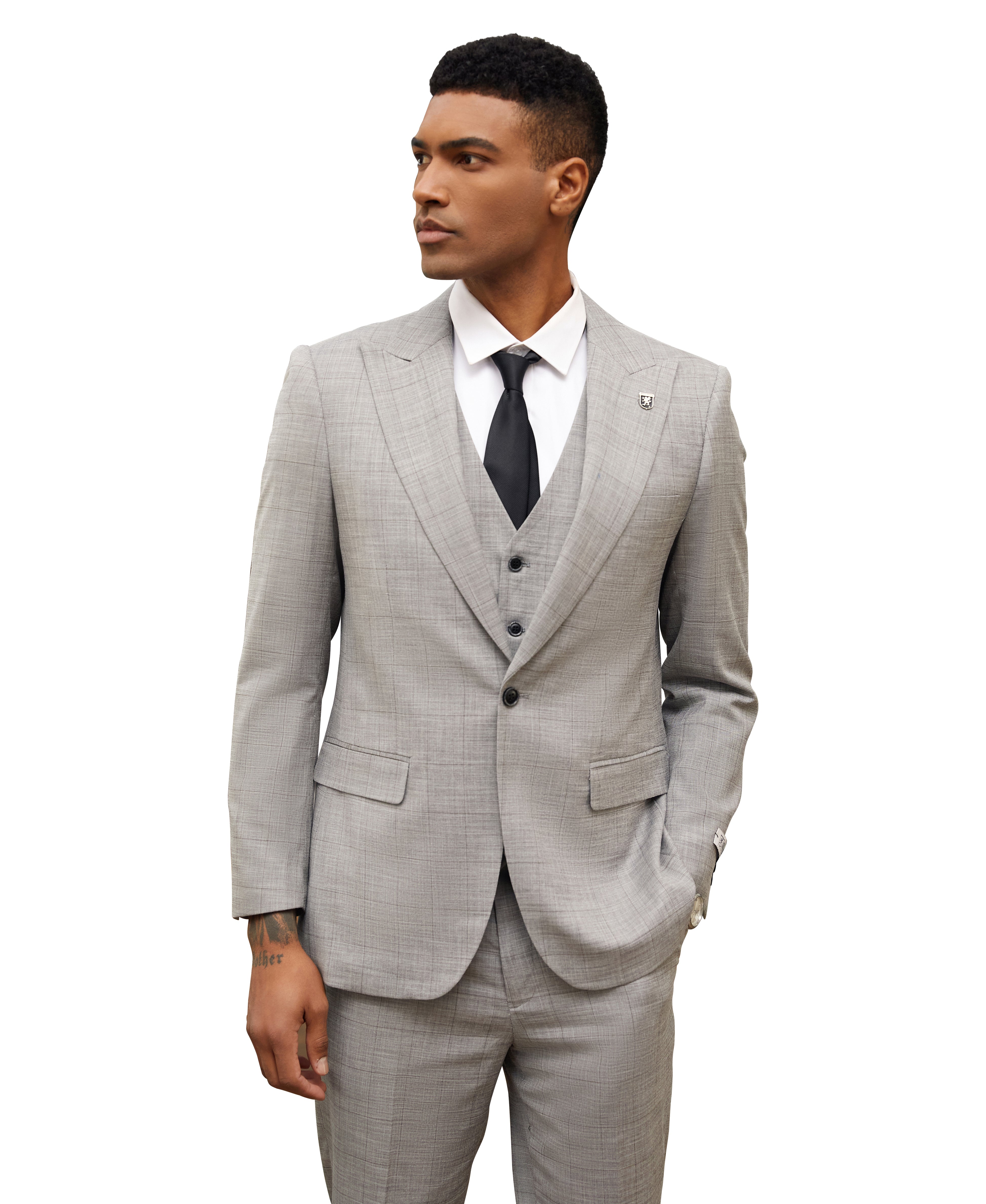 Stacy Adams Hybrid-Fit Vested Suit, Light Grey Textured Windowpane