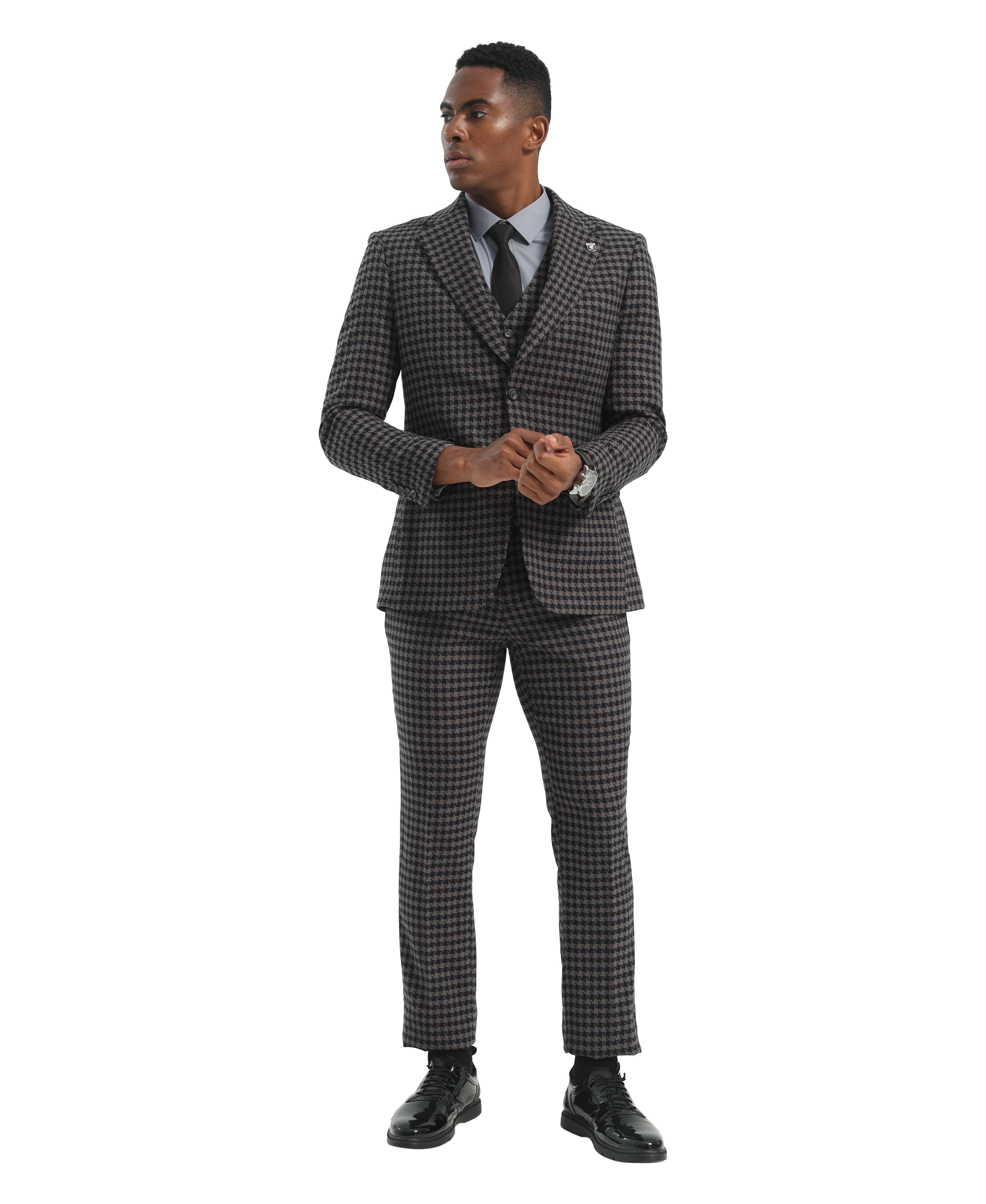 Men's Hybrid-Fit 3pc Premium Houndstooth Notch Lapel Suit Set