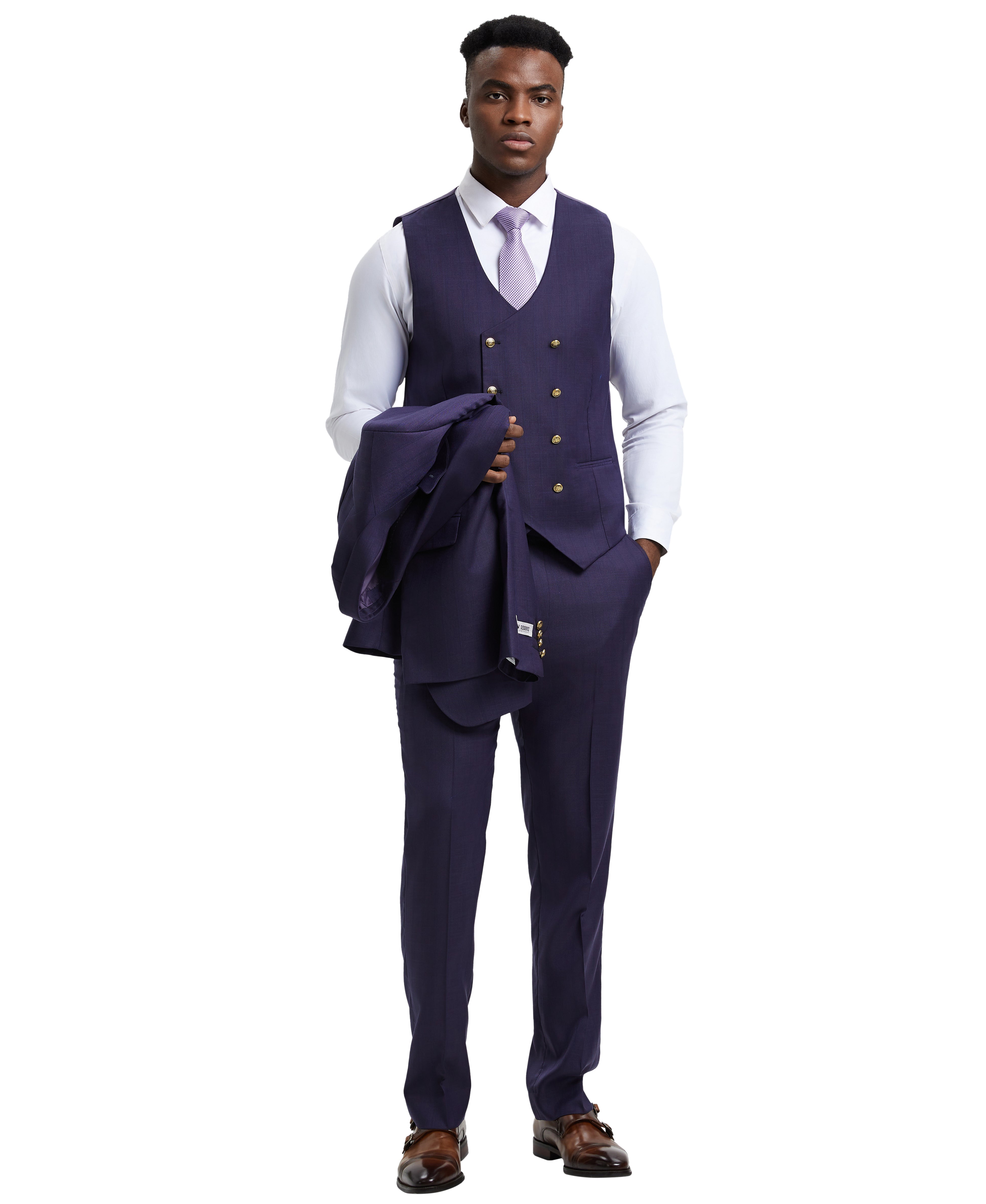 Men's Hybrid-Fit 3-Piece Tonal Pinstripe Suit, Peak Lapel & Double-Bre