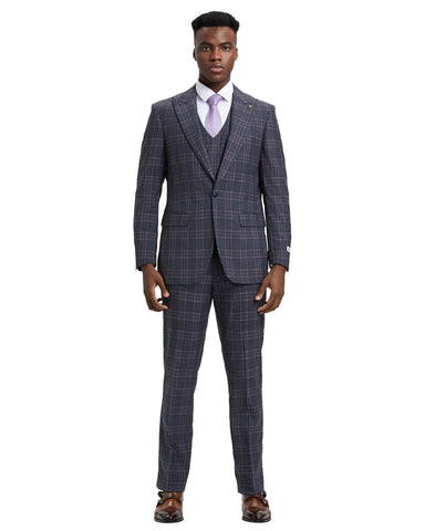Stacy Adams Hybrid-Fit Double-Breast Vested Suit, Windowpane Charcoal