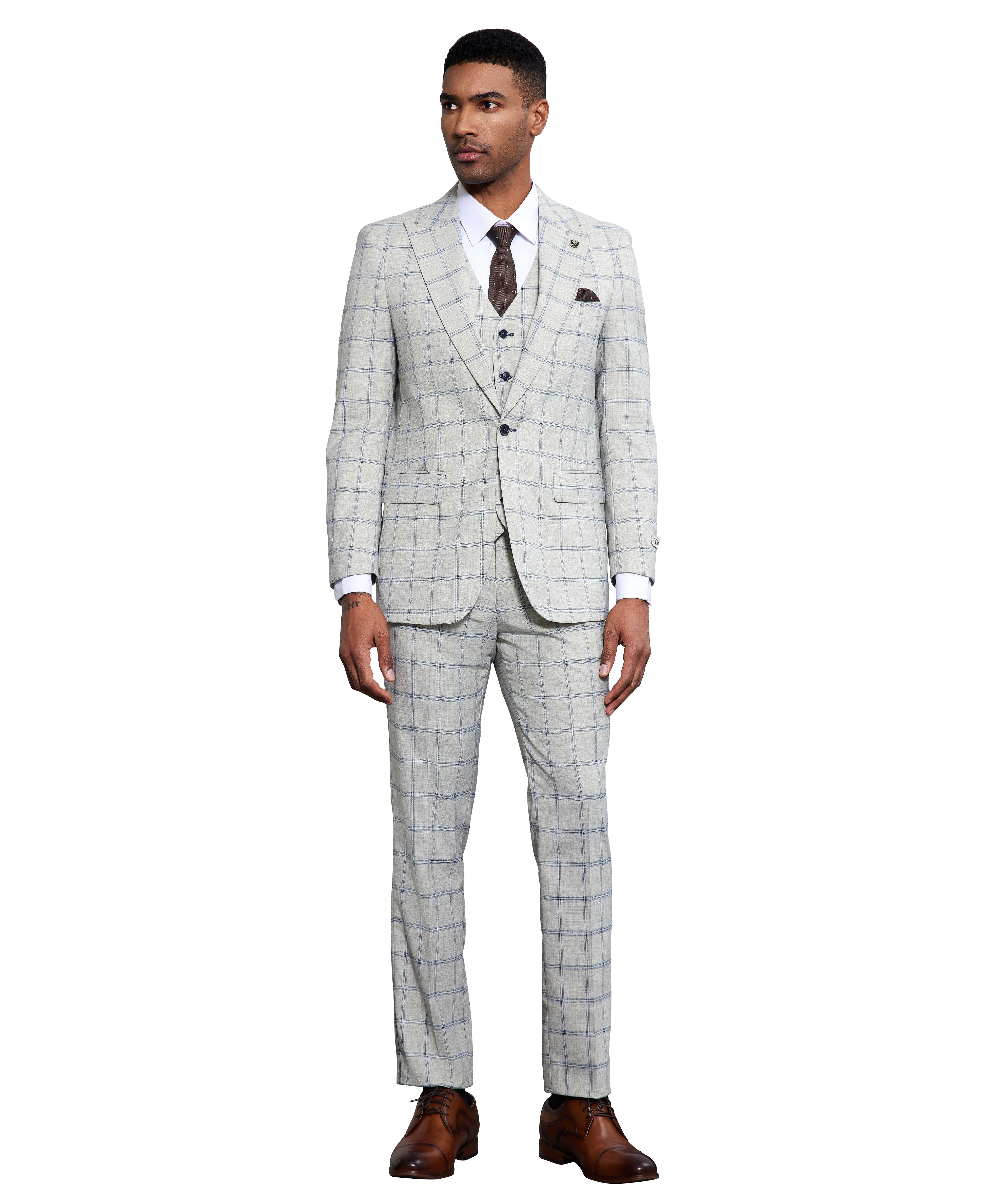 Men's Hybrid-Fit Vested Windowpane Suit Set w/ Wide Peak Lapel