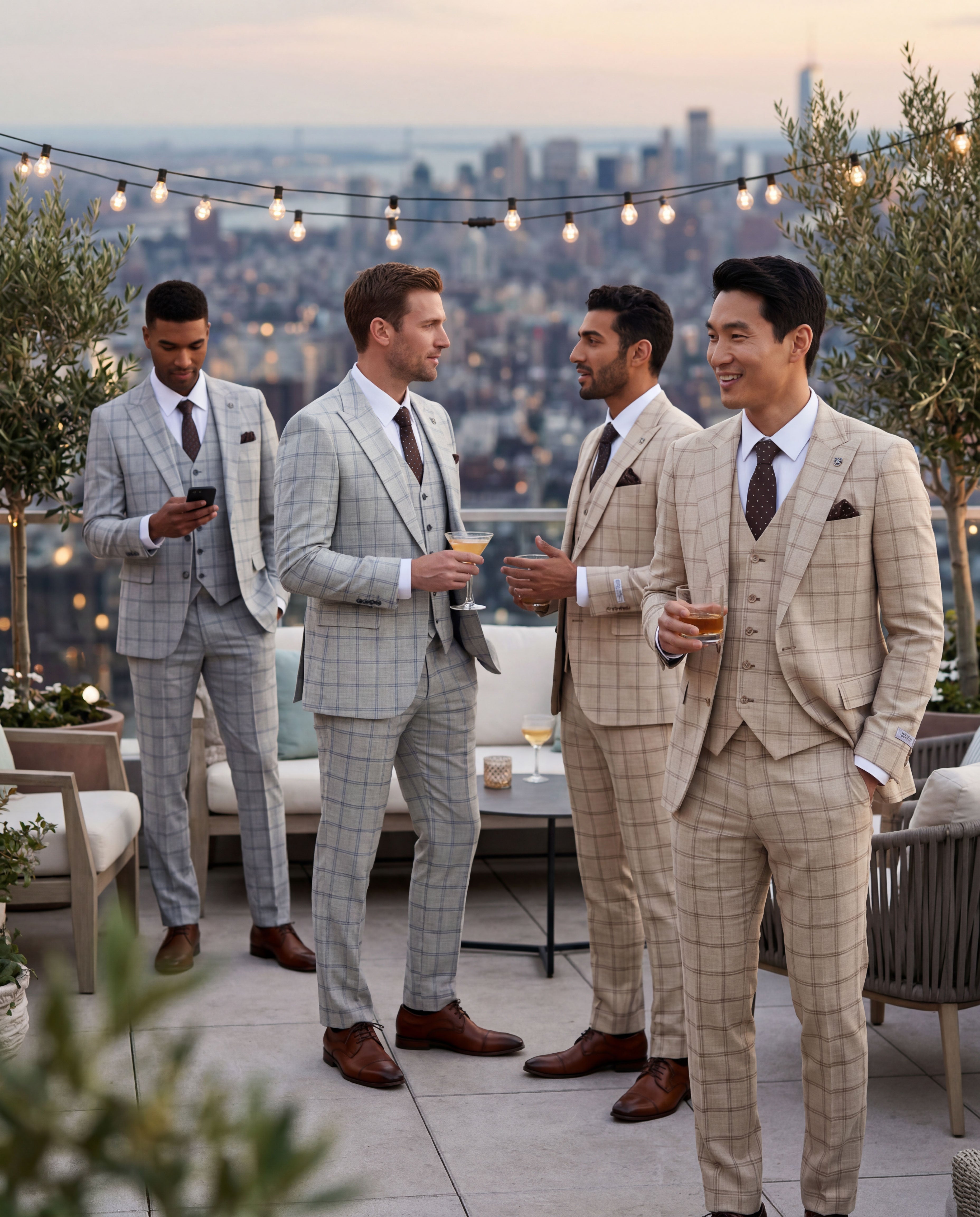 Men's Hybrid-Fit Vested Windowpane Suit Set w/ Wide Peak Lapel