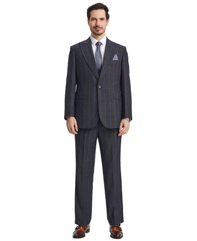 Stacy Adams Hybrid-Fit Vested Suit w/ U-Shaped Vest, Charcoaled Windowpane
