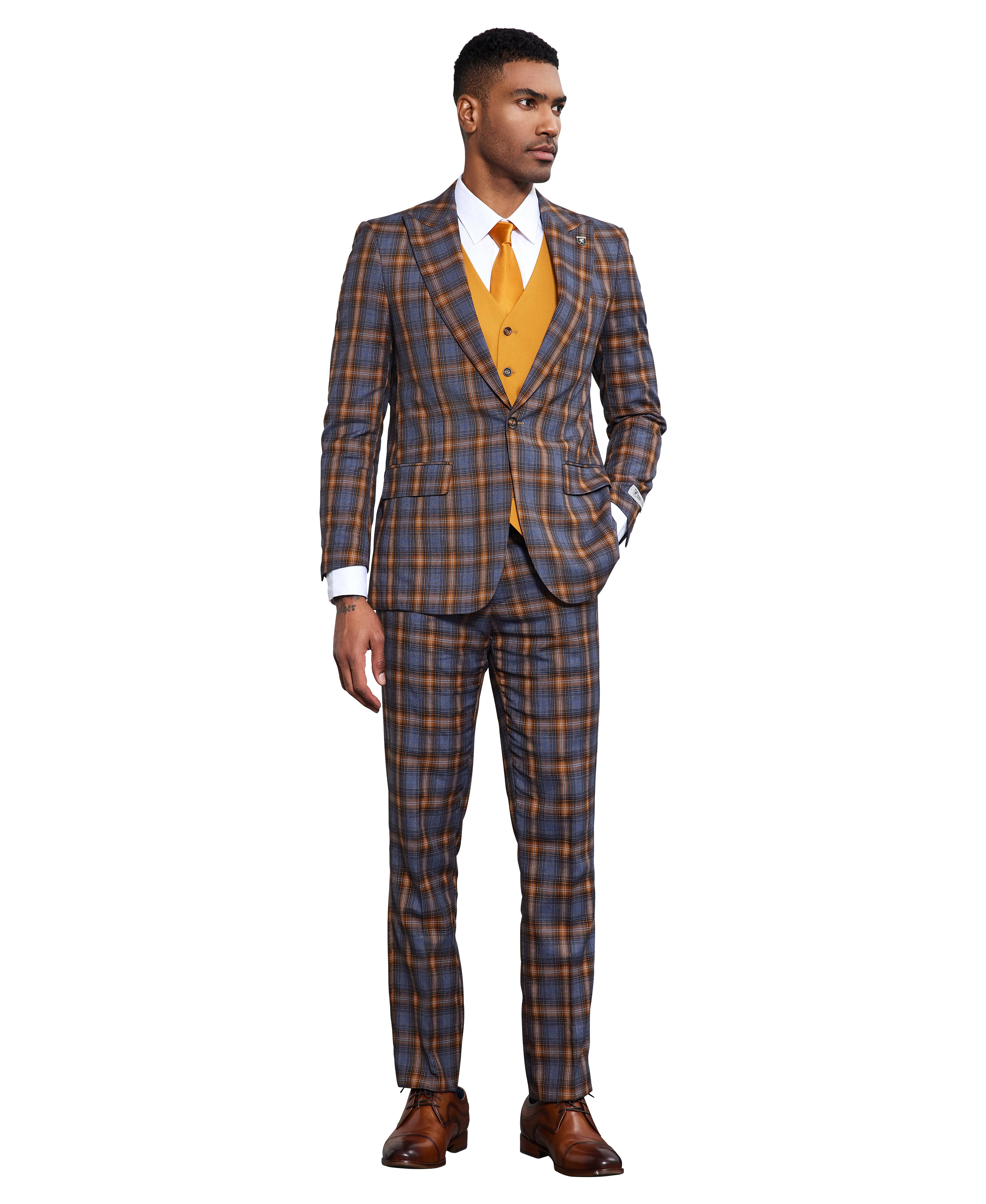 Men's Hybrid-Fit 3-Piece Gingham Check Suit – Peak Lapel & Solid Vest