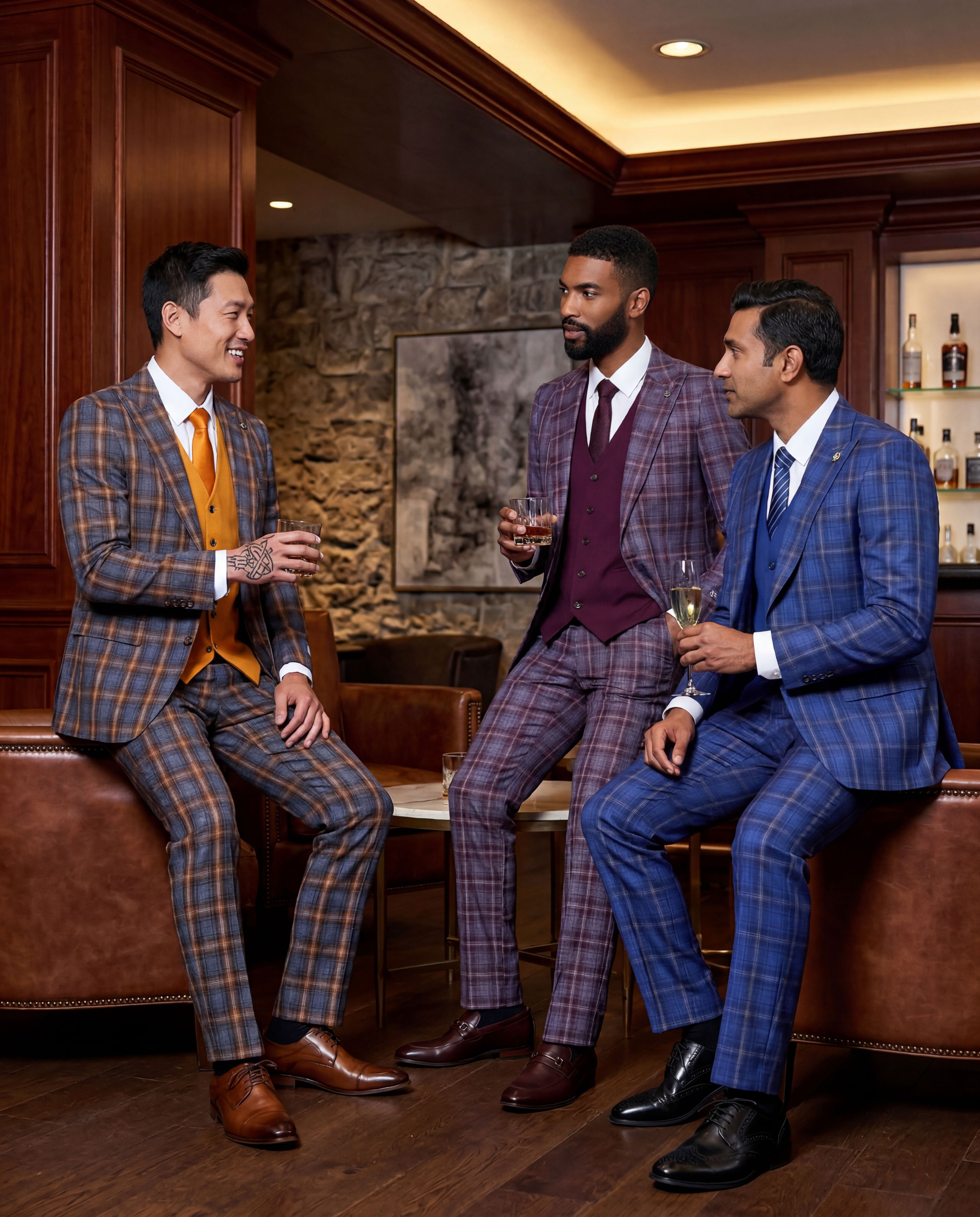 Men's Hybrid-Fit 3-Piece Gingham Check Suit – Peak Lapel & Solid Vest