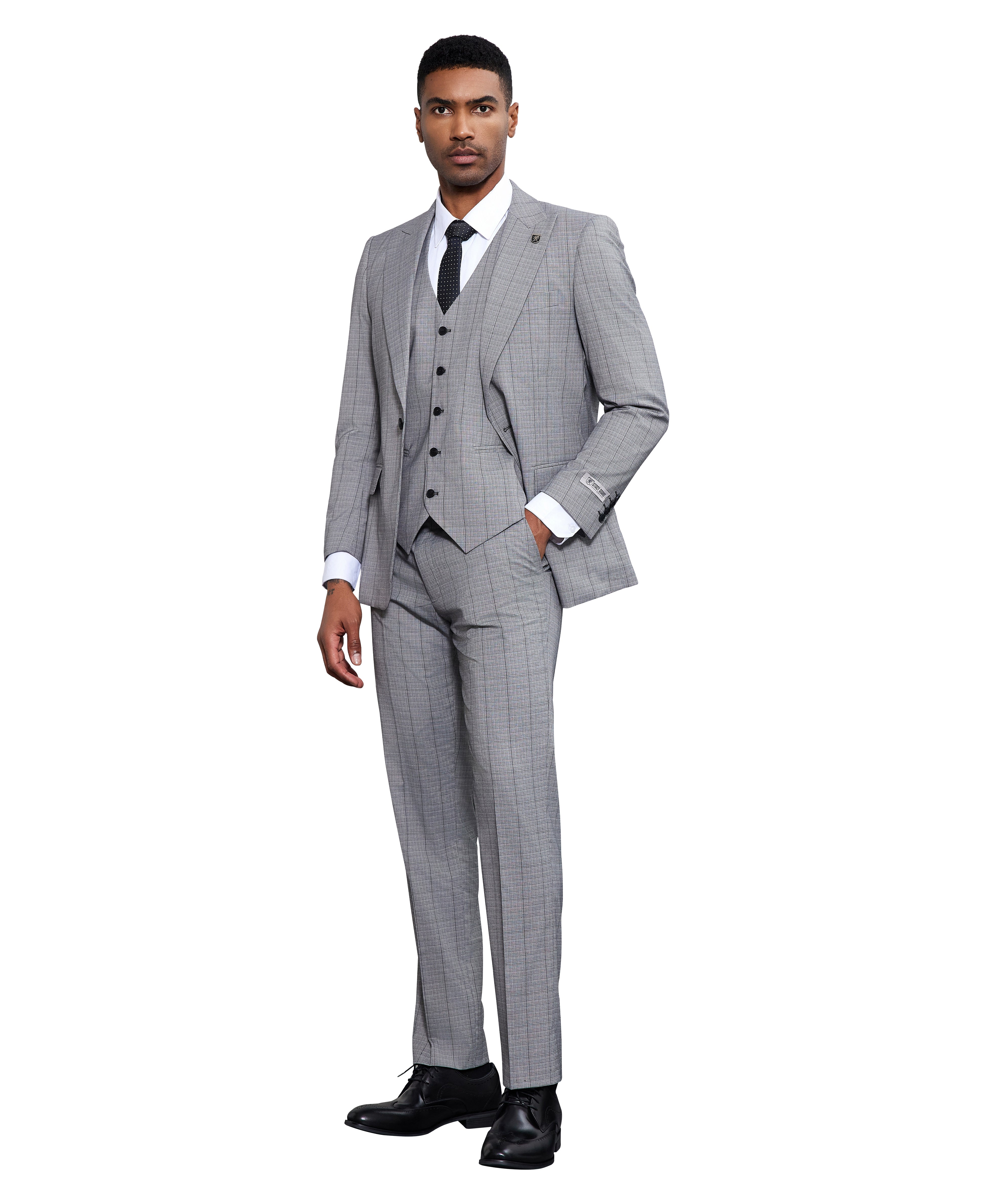 Men's Hybrid-Fit 3-Piece Classic Windowpane Suit Set, Wide Peak Lapel