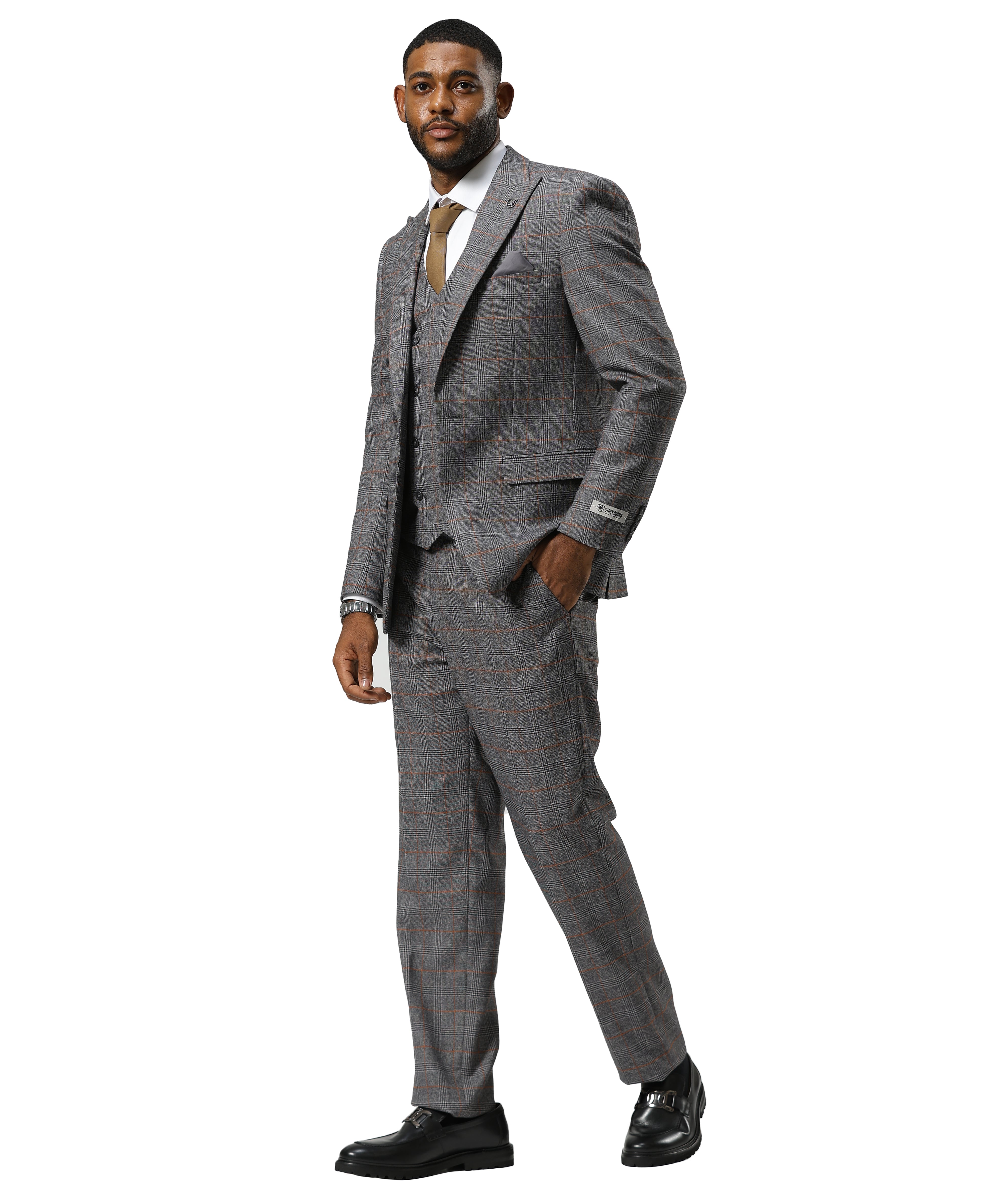 Men's Hybrid-Fit 3-Piece Windowpane over Plaid Suit Set, Wide Peak Lapel