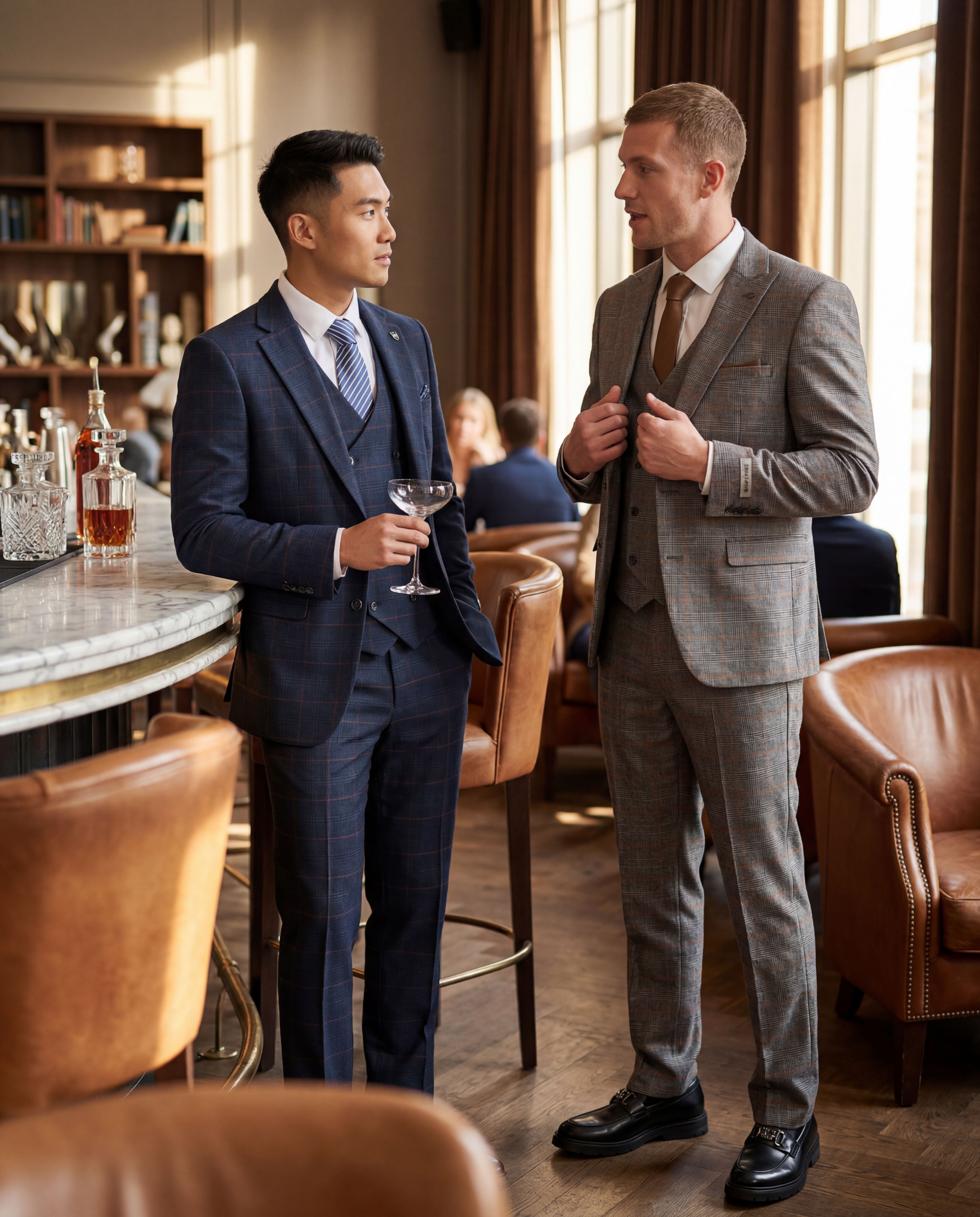 Men's Hybrid-Fit 3-Piece Windowpane over Plaid Suit Set, Wide Peak Lapel