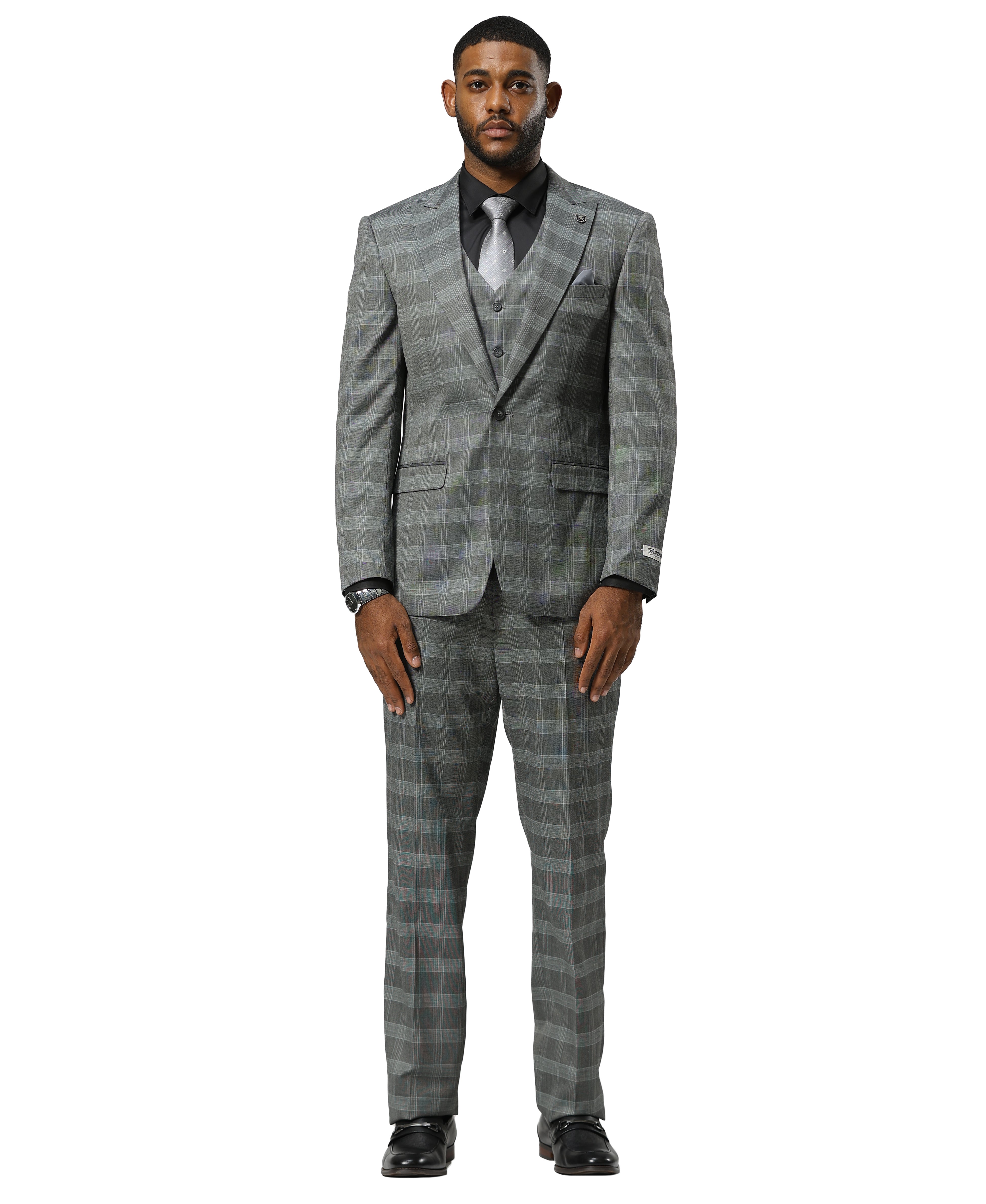 Men's Hybrid-Fit 3-Piece Checkered Plaid Suit – Wide Peak Lapel