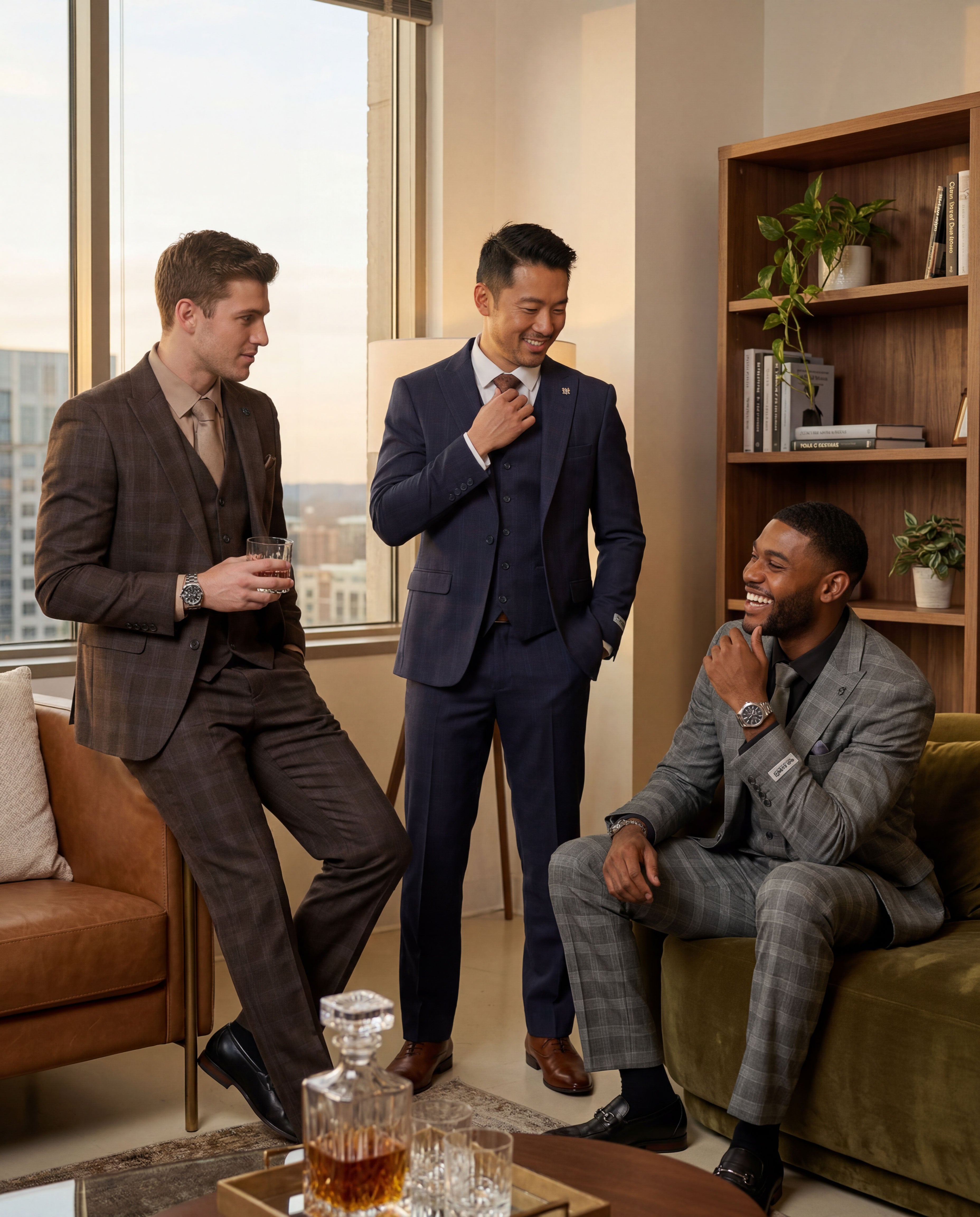 Men's Hybrid-Fit 3-Piece Checkered Plaid Suit – Wide Peak Lapel