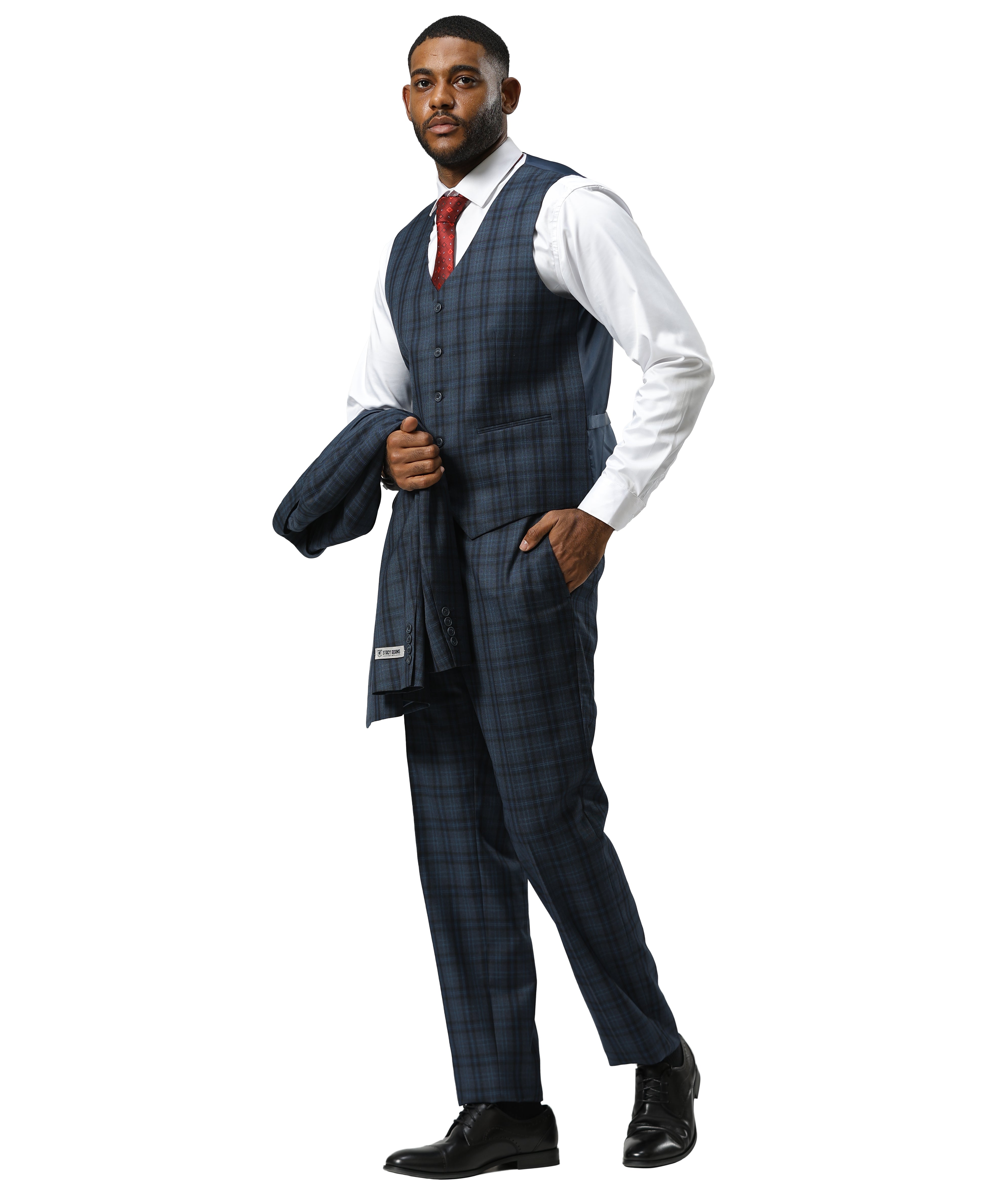 Stacy Adams Men's Glen Plaid 3pc Suit Set, Navy