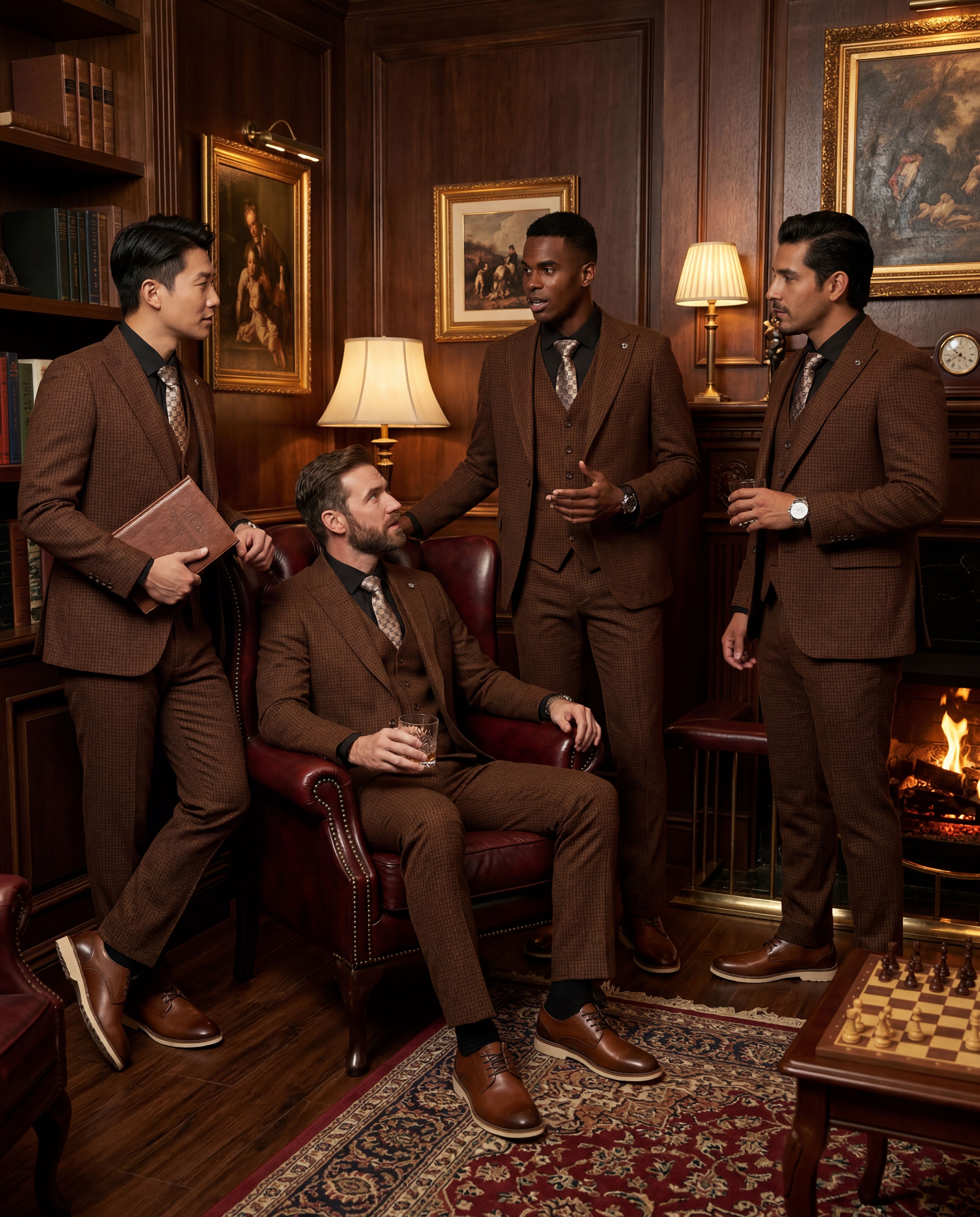 Men's Hybrid-Fit 3-Piece Micro Windowpane Suit Set, Peak Lapel