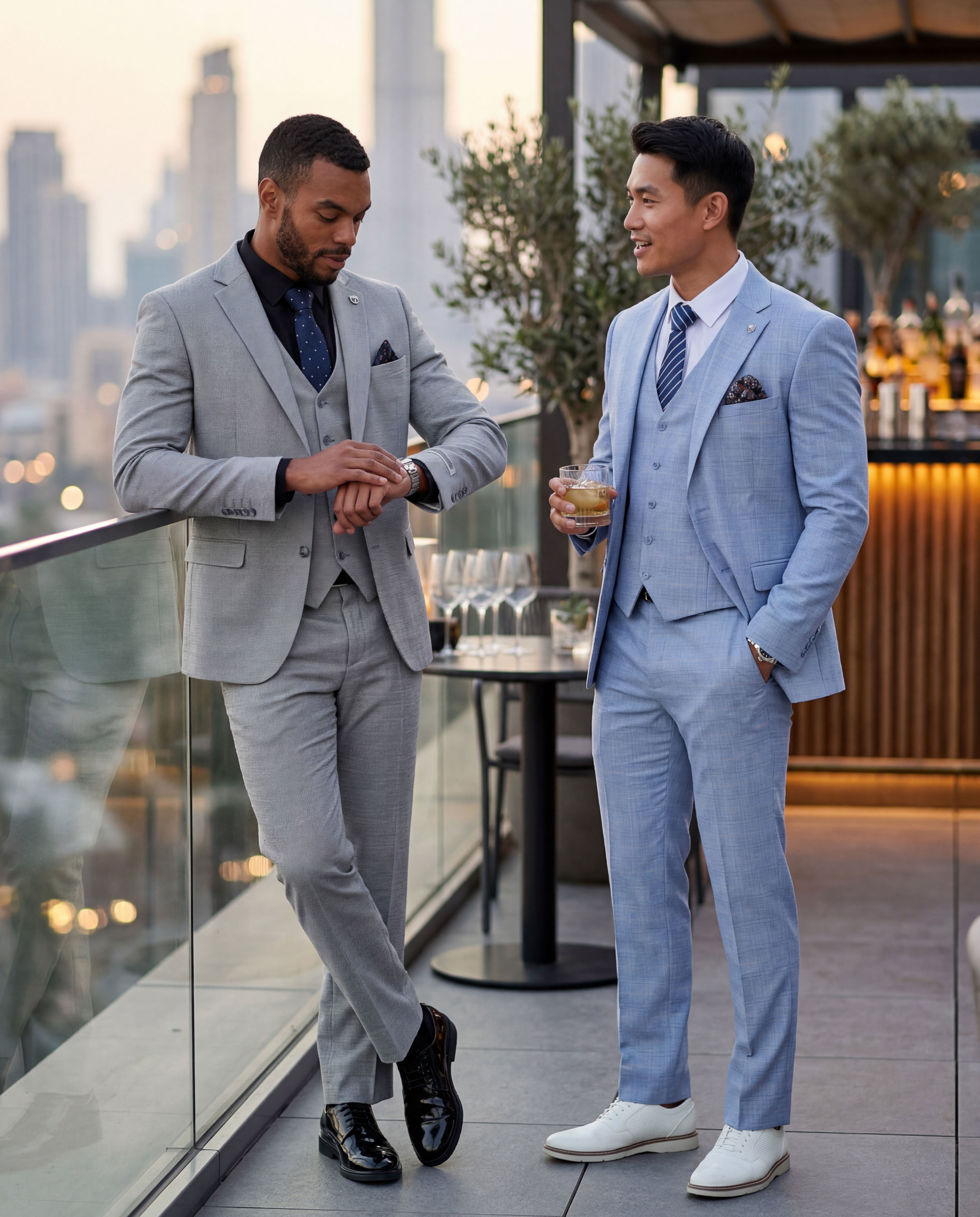 Men's Hybrid-Fit 3-Piece Tonal Windowpane Crosshatch Suit Set, Notch Lapel