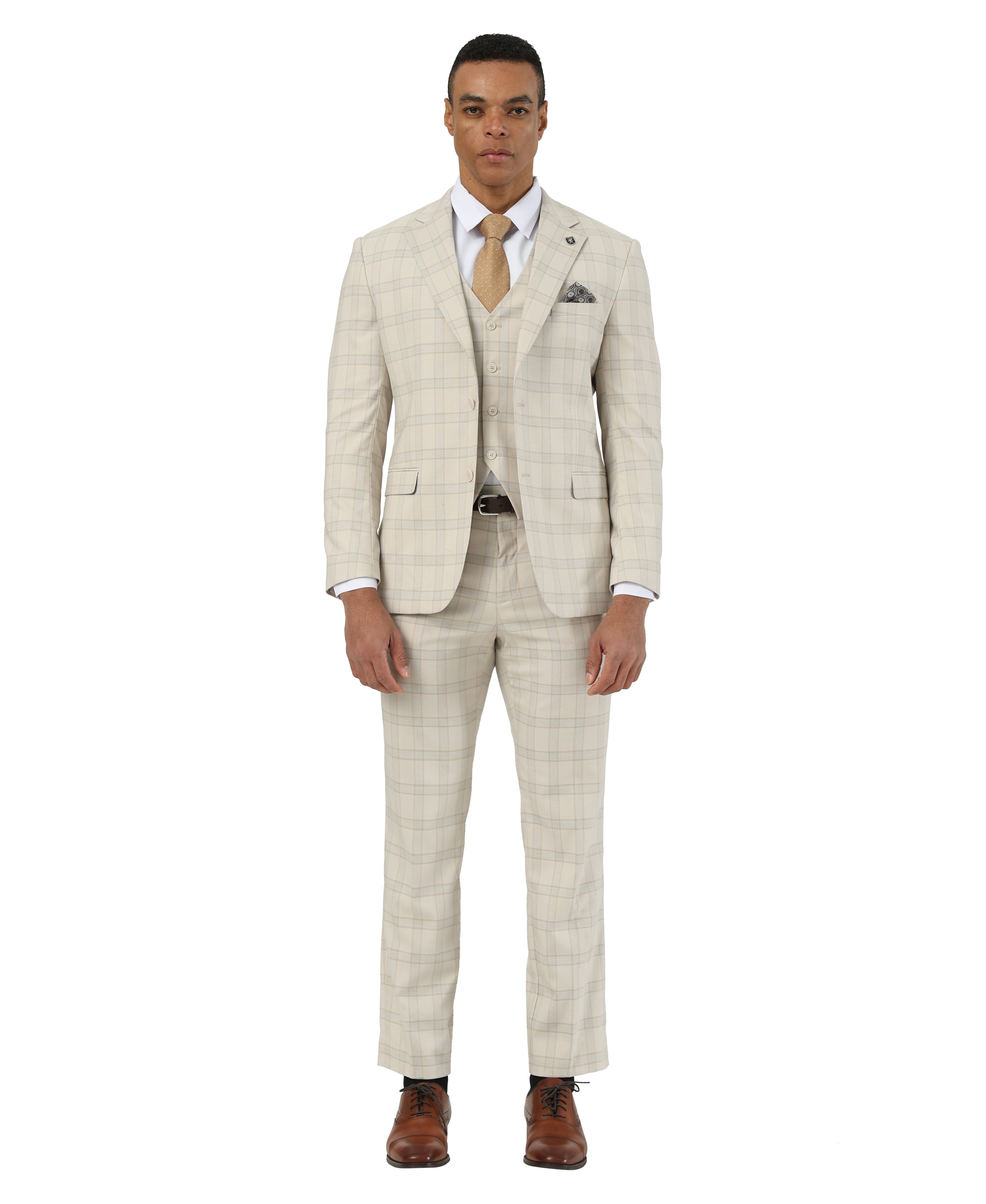 Men's Hybrid-Fit 3-Piece Checkered Windowpane Suit, Notch Lapel