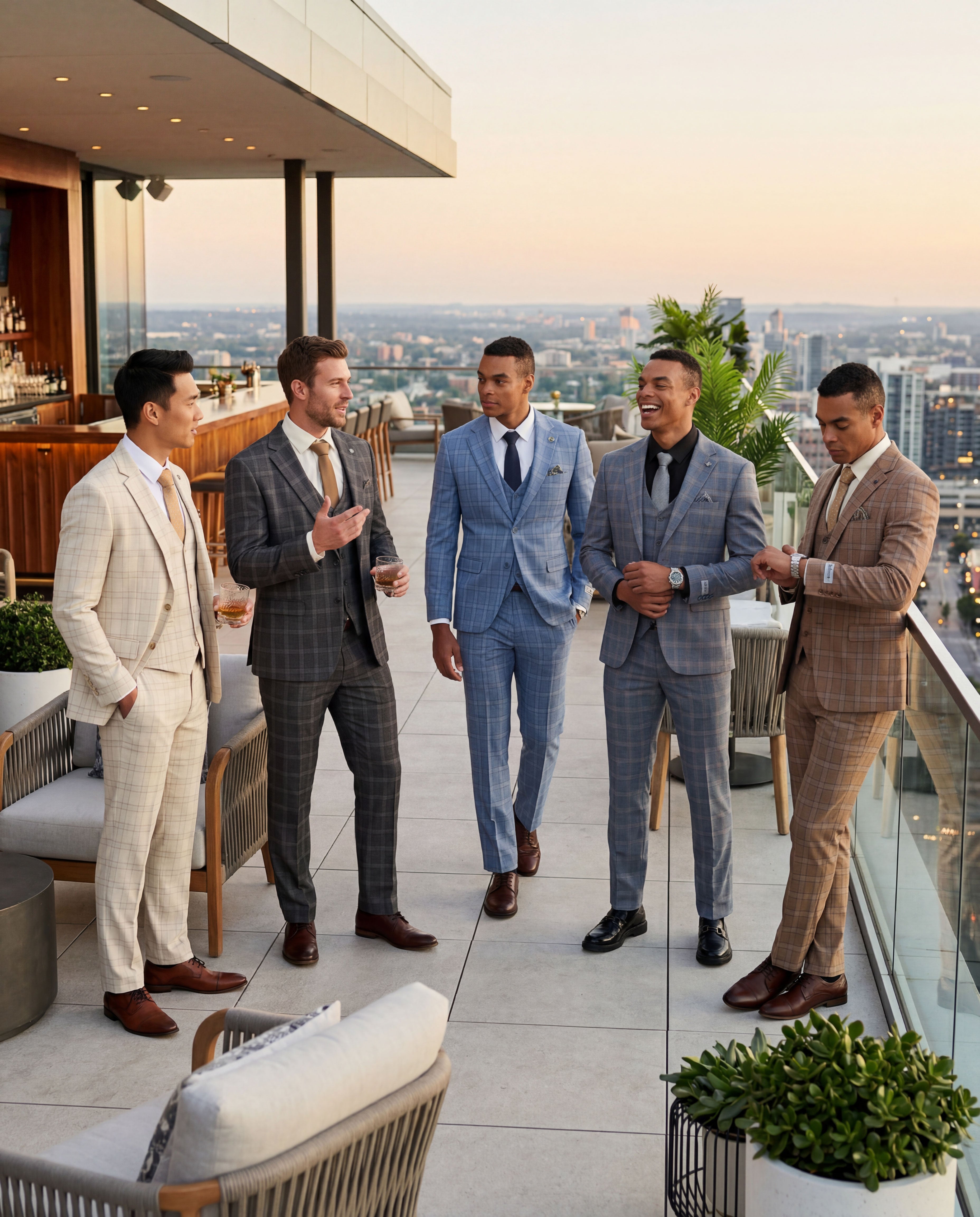 Men's Hybrid-Fit 3-Piece Checkered Windowpane Suit, Notch Lapel